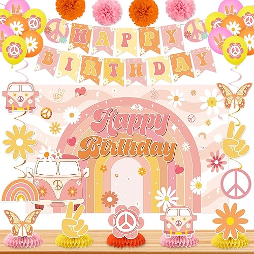 Decoraciones de cumpleaños geniales para niñas y niños, retro hippie margarita, pancarta de feliz cumpleaños, telón de fondo de panal de abeja,