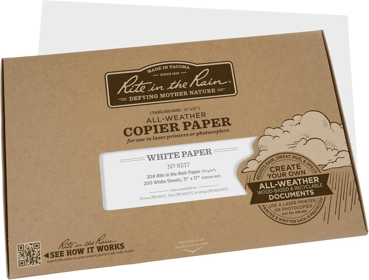 Rite In The Rain Weatherproof Copier Paper, 11" x 17", 20# White, 200 Sheet Pack (No. 8517)