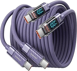 toocki Cabo USB C para USB C 100 W, 2 M [2 unidades] 5 A cabo de carregamento rápido PD QC5.0 com ecrã LED, compatível com iPhone 17/16/16 Pro Max MacBook Pro Air Galaxy S24 S23 Pixel Switch. Roxo