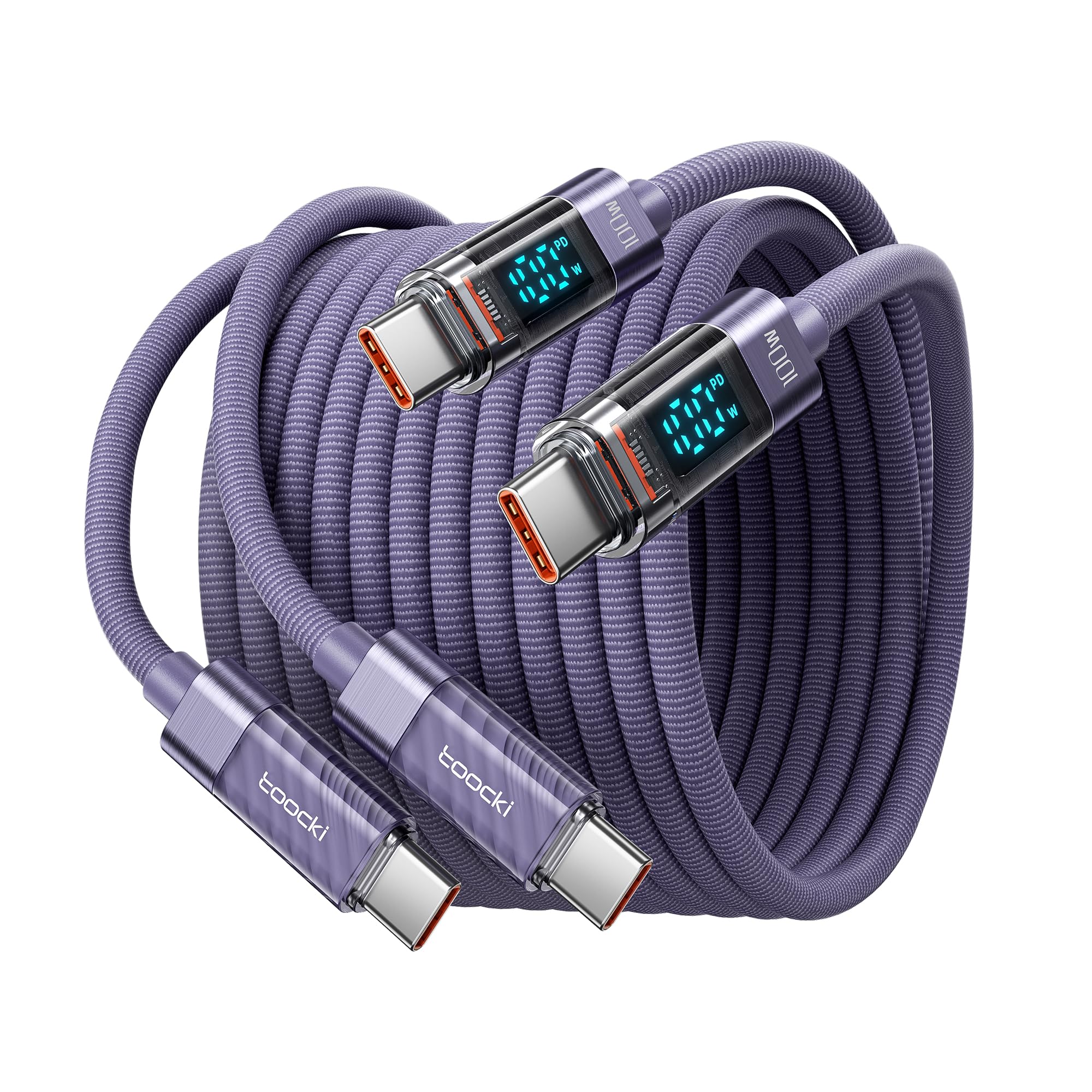 toocki Zestaw 2 kabli USB-C 100 W 2M, wyświetlacz LED, PD/QC5.0, pleciony, fioletowy