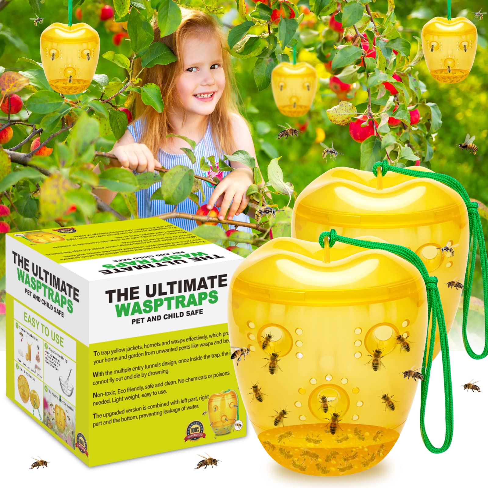 2 Pack Wasp Trap Outdoor Hanging, Yellow Jacket Trap, Solar Wasp Repellent Carpenter Bee for Outside, Non-Toxic Reusable Hornet Traps Wasp Killer (Yellow LED Wasp Traps-01)