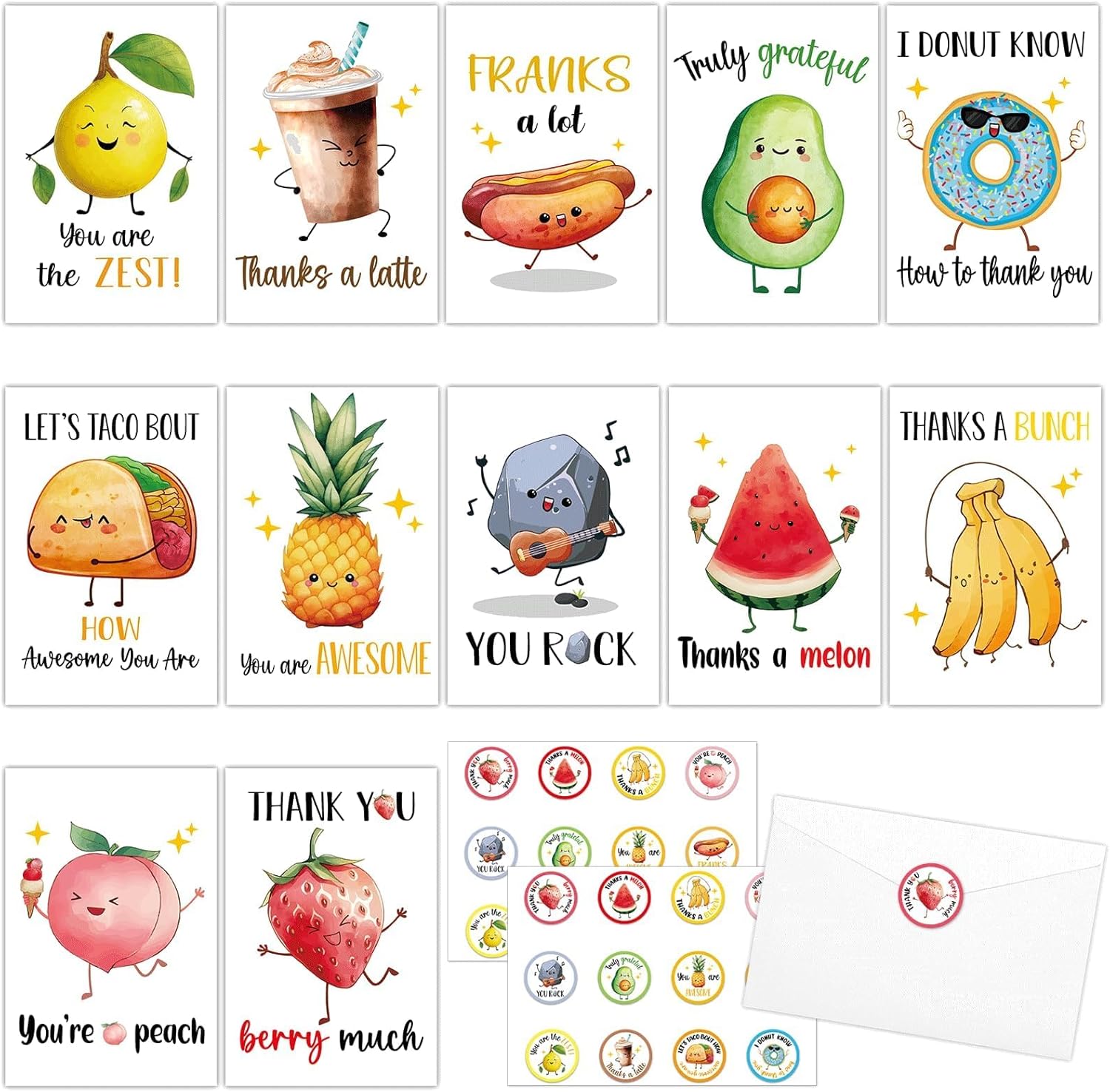 100Pcs Funny Thank You Cards With Envelopes & Stickers Employee Appreciation Cards Blank Inside Staff Cute Pun Card for Teachers Appreciation Kids Coworkers Business Assorted Greeting Card 6x4In