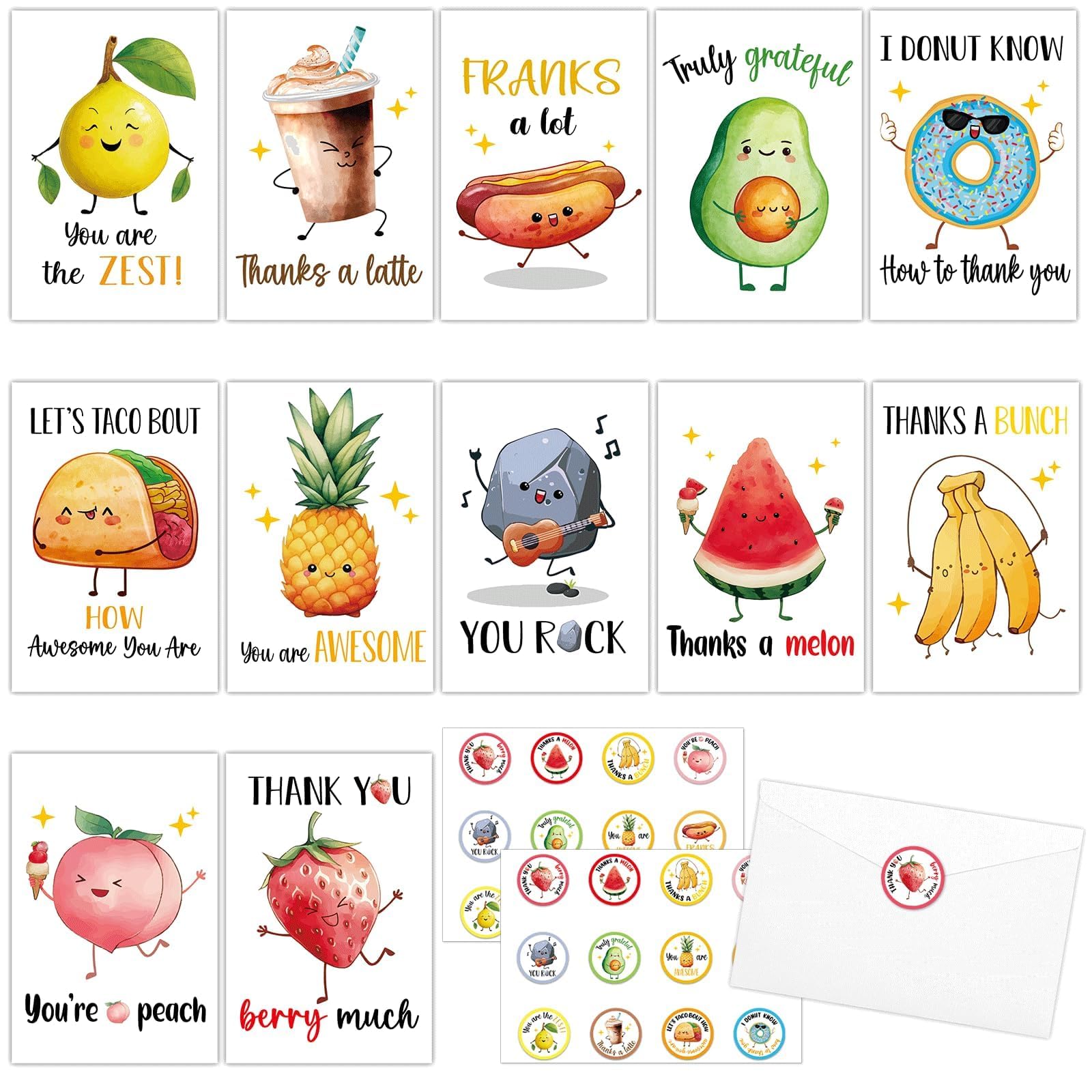 100Pcs Funny Thank You Cards With Envelopes & Stickers Employee Appreciation Cards Blank Inside Staff Cute Pun Card for Teachers Appreciation Kids