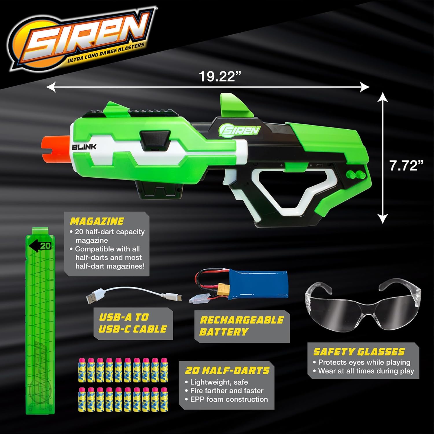 Siren Blasters Blink Motorized Rapid-Fire Ultra Long Range Foam Dart Blaster, Single Shot, Burst or Fully Auto Flywheel Launcher,190 Ft Range, 200 FPS, 20-Dart Mag, Rechargeable LiPo Battery, Ages 14+