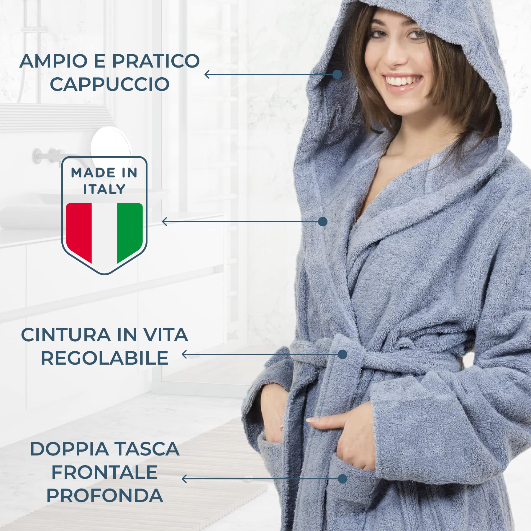 Lisola Accappatoio, Accappatoio Uomo e Donna, per Hotel e Luxury SPA, in Spugna di Cotone, con Cappuccio, Tinta Unita, Modello: Perla