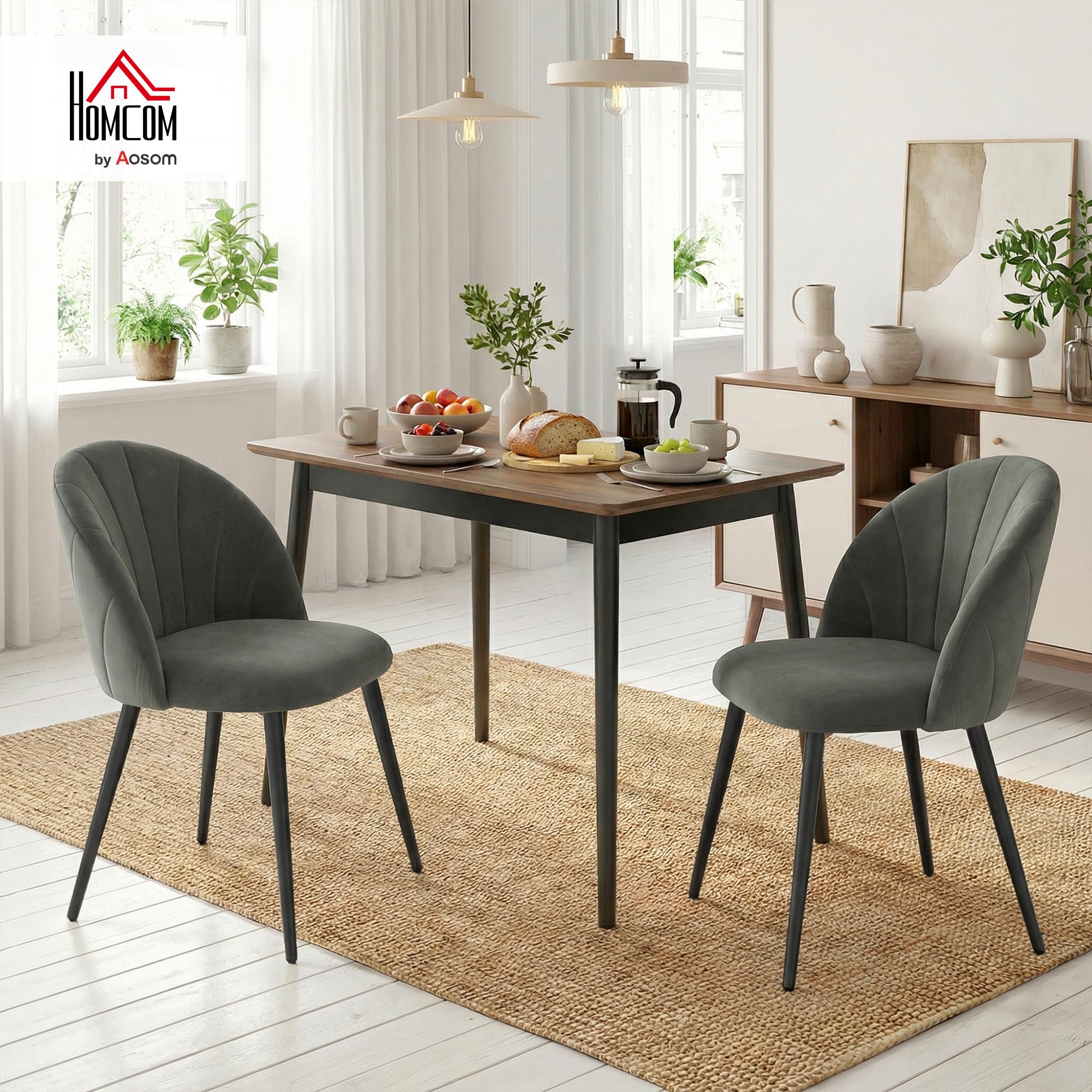 HOMCOM Set di 2 Sedie Sala da Pranzo in Velluto, Sedie Cucina con Schienale Curvo a Conchiglia, Gambe in Acciaio, Stile Nordico, Sedia Imbottita per Cucina, Camera da Letto, Soggiorno, Grigio