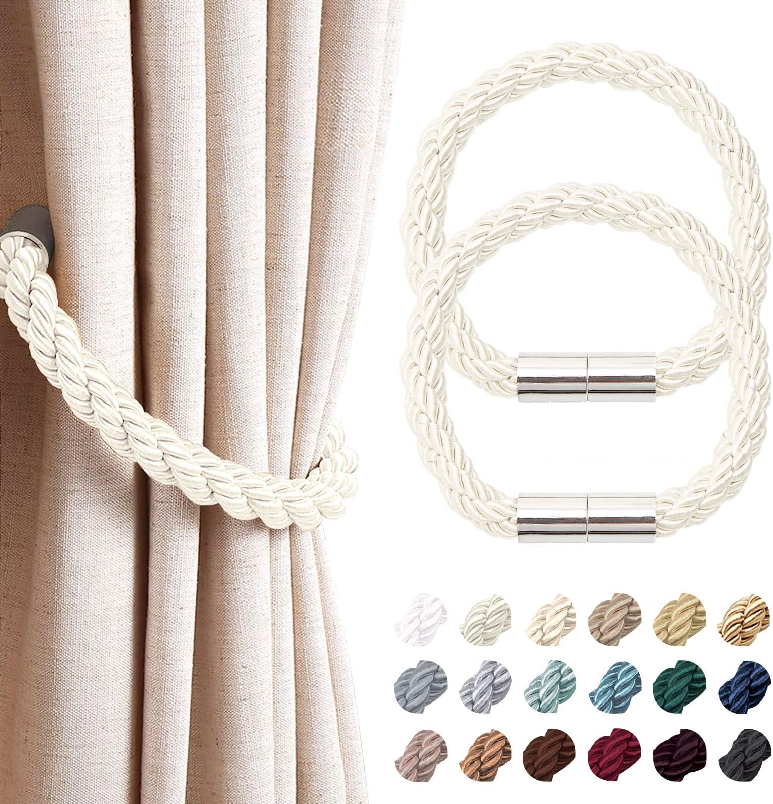 NICEEC 2 Pack Strong Magnetic Curtain Tiebacks Modern Simple Style Drape Tie Backs Convenient Decorative Weave Rope Curtain Holdbacks for Thin or Thick Home & Office Window Draperies (Creamy-White)