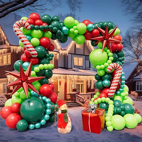 Miniatura 6 de Bonropin Kit de arco de guirnalda de globos de Navidad de 183 piezas con globos de Navidad, rojo, lima, verde oscuro, verde metálico, caja de