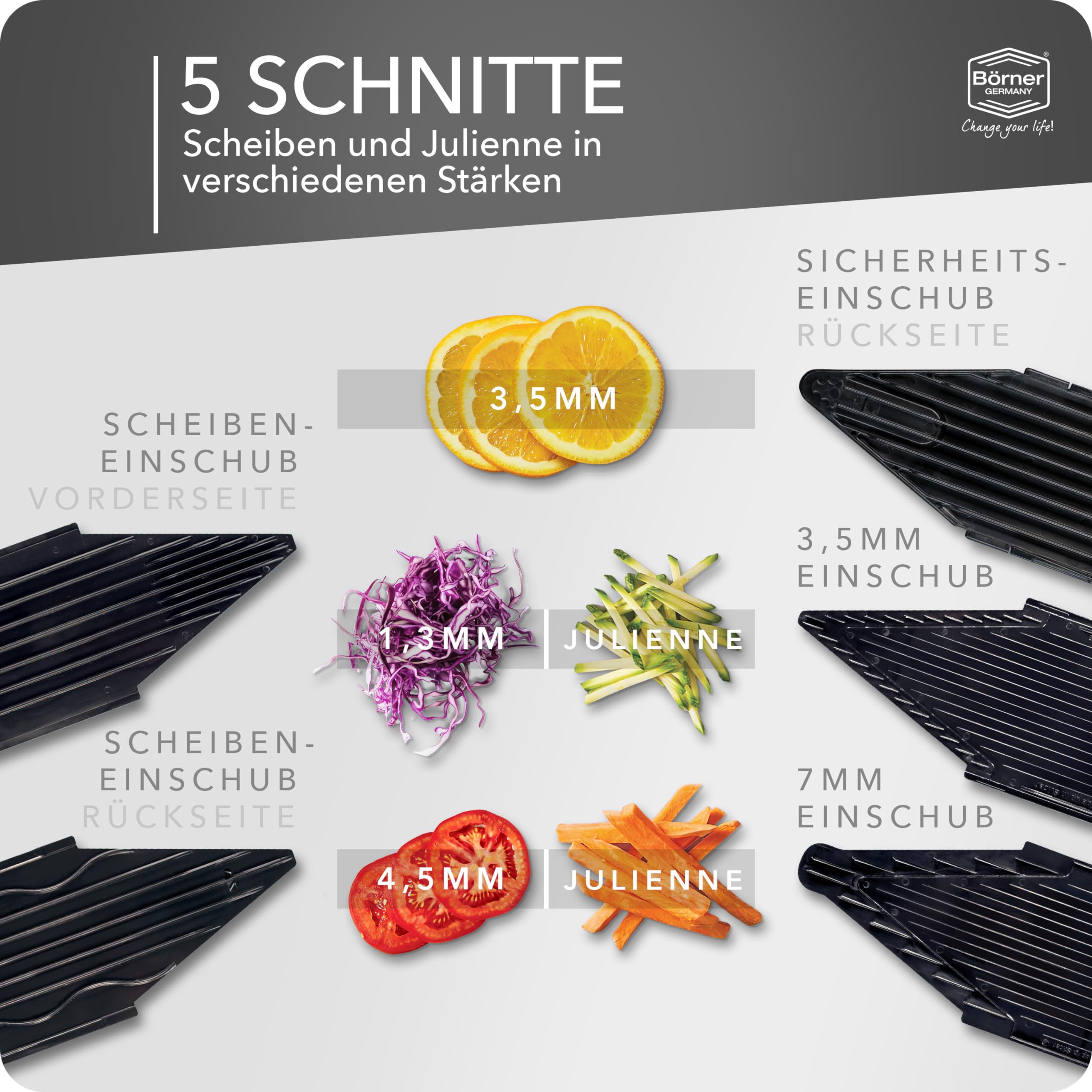 Börner Gemüsehobel V6 (Starter Set) • Edelstahl Hobel mit V-Klinge • Verstellbarer V-Hobel für Gemüse & Obst • Gemüseschneider für Scheiben, Julienne Streifen und Stifte • Gemüsereibe
