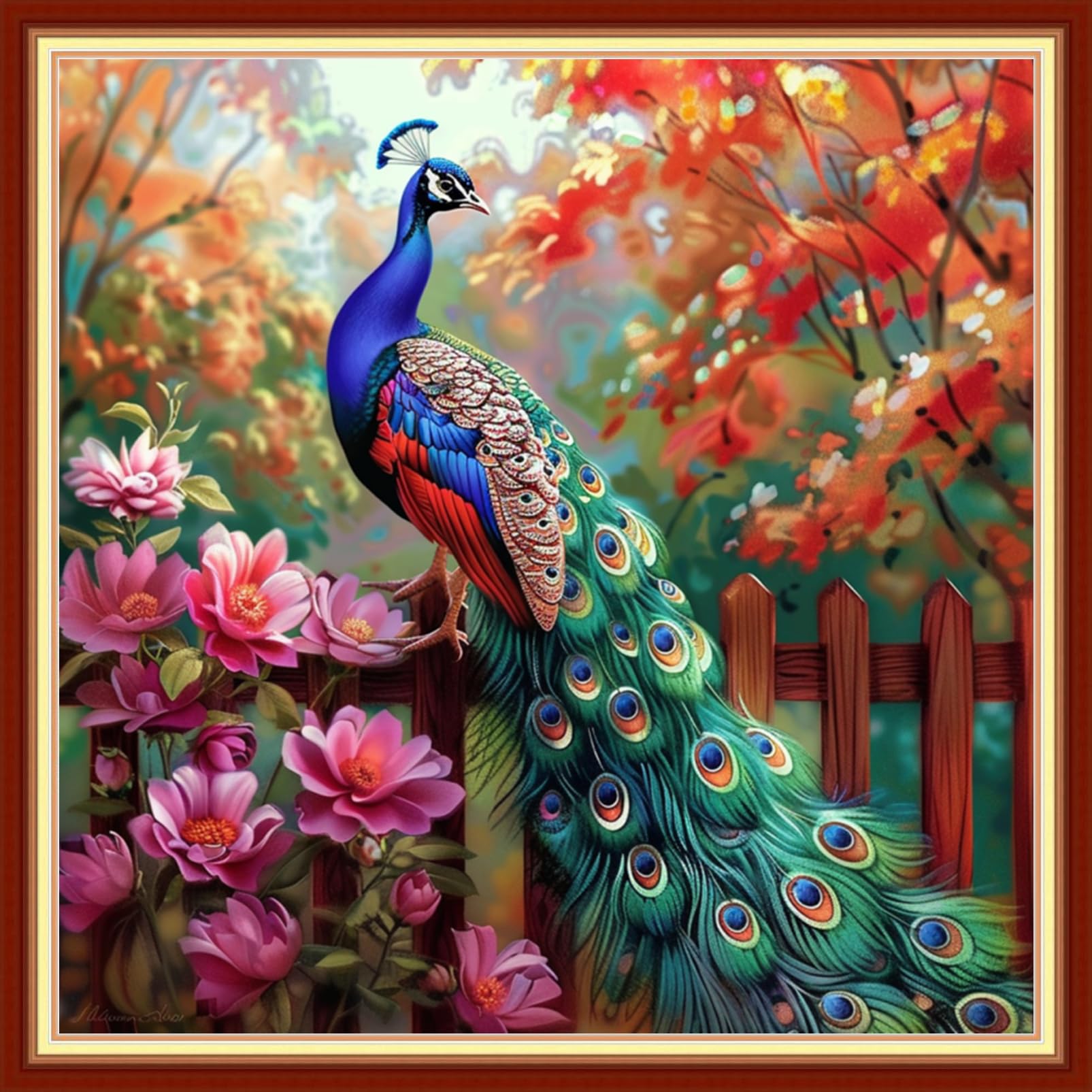 Joyhoor Stamped Cross Stitch Kits for Beginners, Needlepoint Kits for Adults, 11CT Counted Embroidery Kits-Peacock Flowers 18x18 inchs