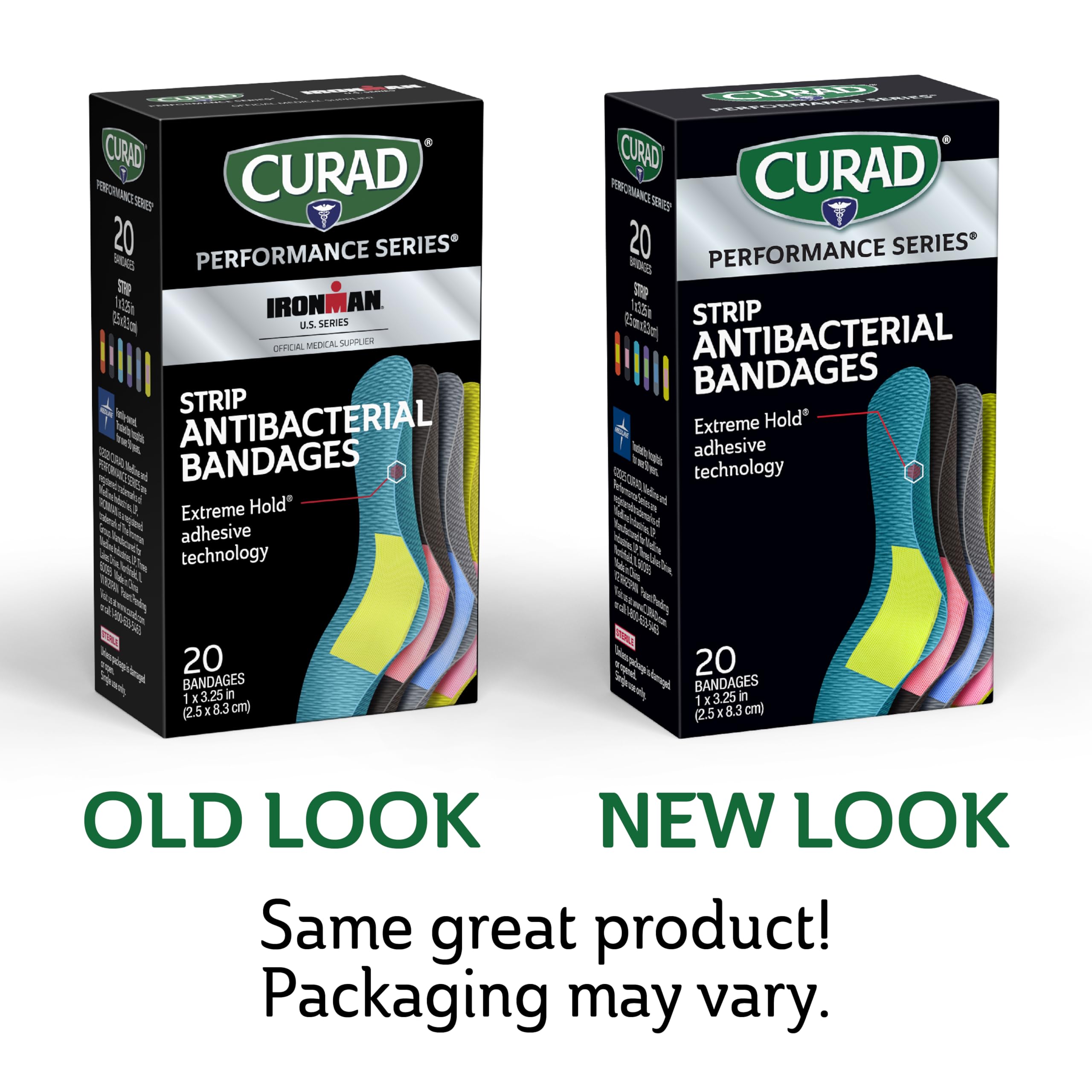 CURAD Performance Series Antibacterial Bandages, Extreme Hold Adhesive Technology, Standard Size Flexible Fabric Bandages for Cuts, Scrapes, & Burns, Assorted Colors, 1 x 3.25 inches, 20 Count