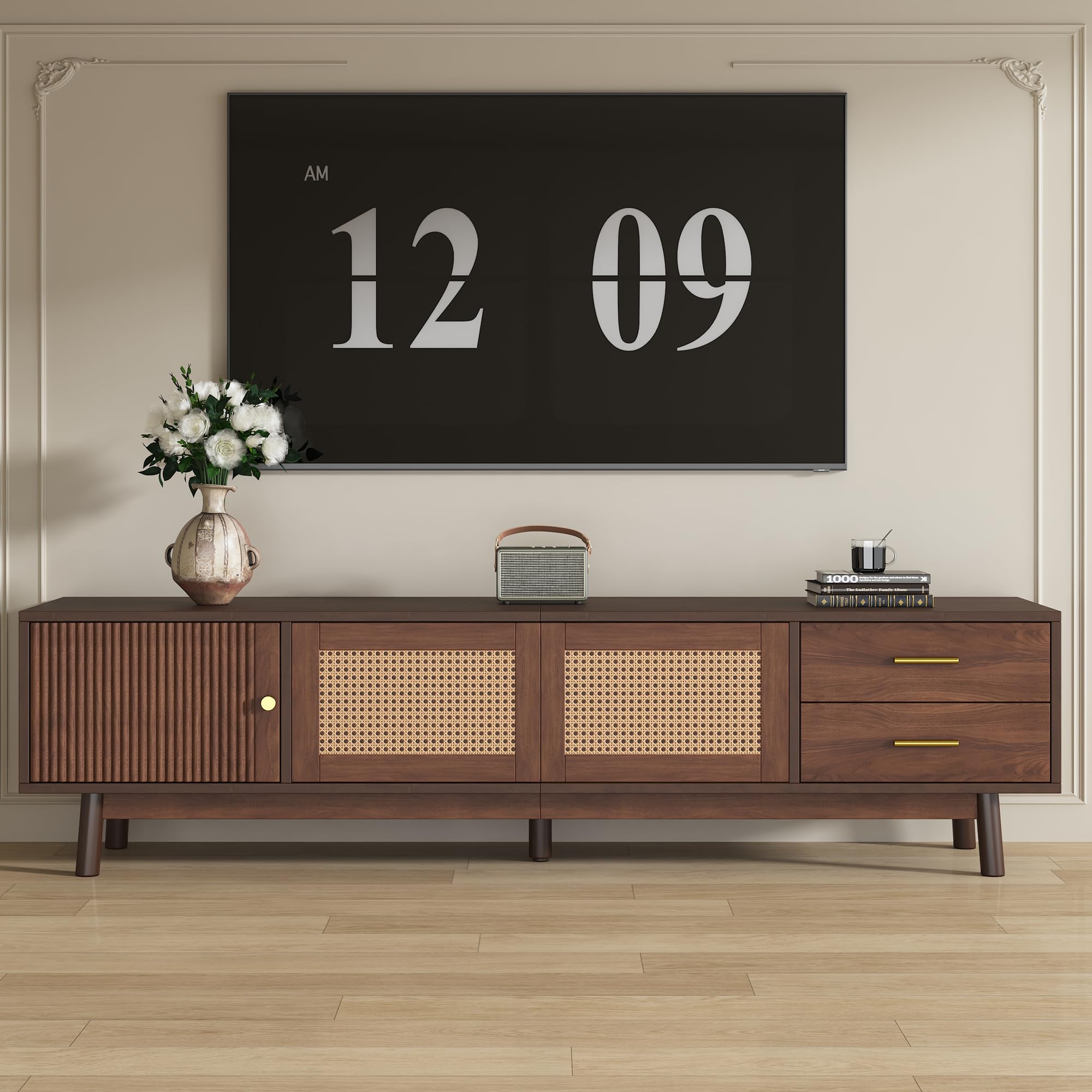 mid-century modern tv stand for 80" tvs, entertainment center with sliding doors, drawers and storage for living room, bedroom