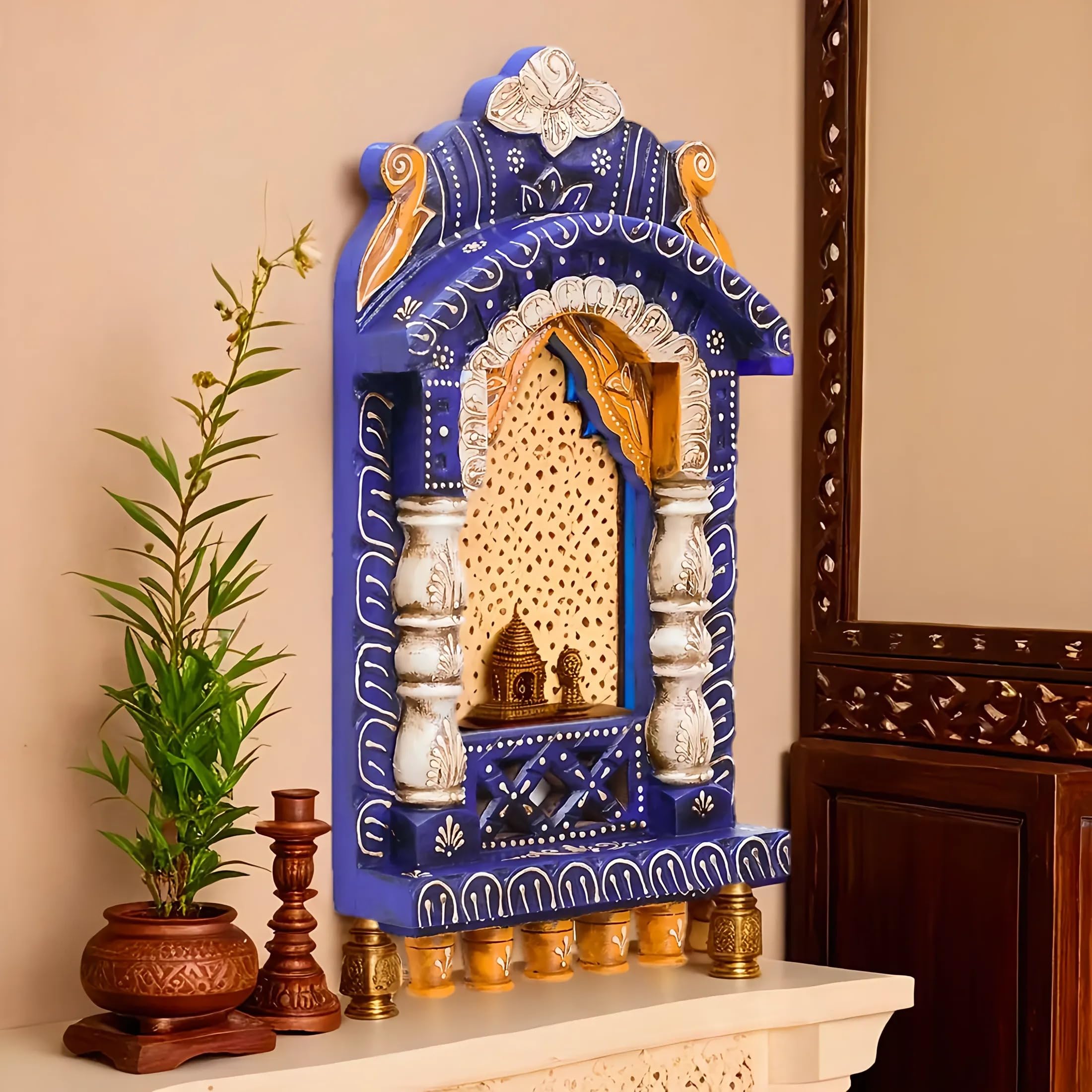 Medieval Arts Mina Solid Wood Hand Painted Wall Hanging Jharokha Frame (Blue, 16' Inches), Rectangular, Framed-picture-15