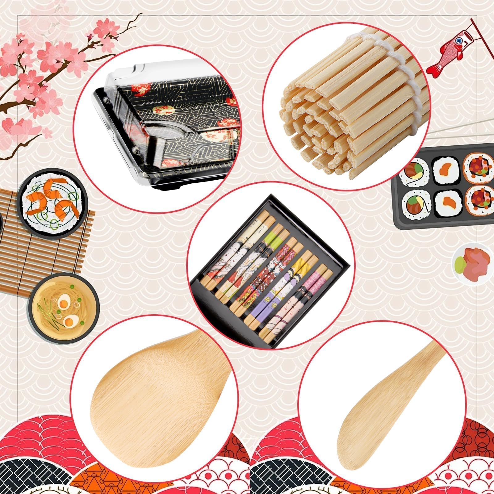 Mbsomnus 20-częściowy Zestaw do Sushi - 12 Półmisek z Pokrywką, Mata Bambusowa, 5 Par Pałeczek, Solniczka Ryżowa i Wiosło - Dla Początkujących