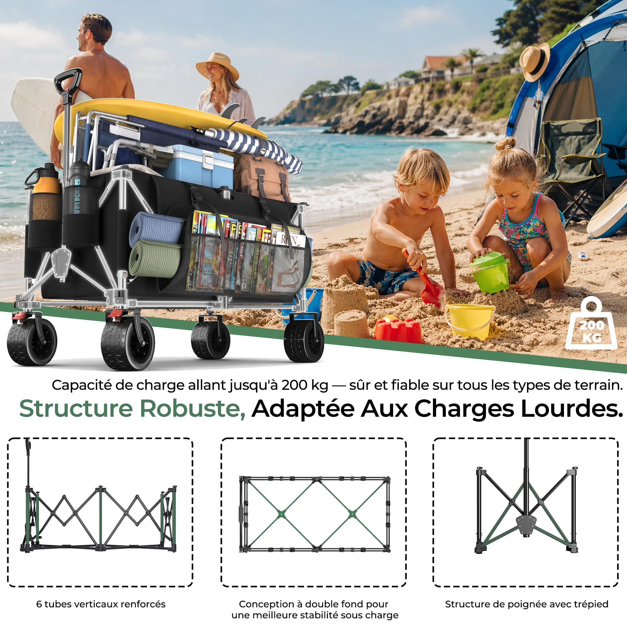 JUMMICO Chariot de Plage à roulettes Pliable ｜ Grande Capacité 260L ｜ Chariot de Transport Tout-Terrain ｜ Roues Ballon 17cm ｜ Double Frein ｜ pour Courses, Camping, Événements