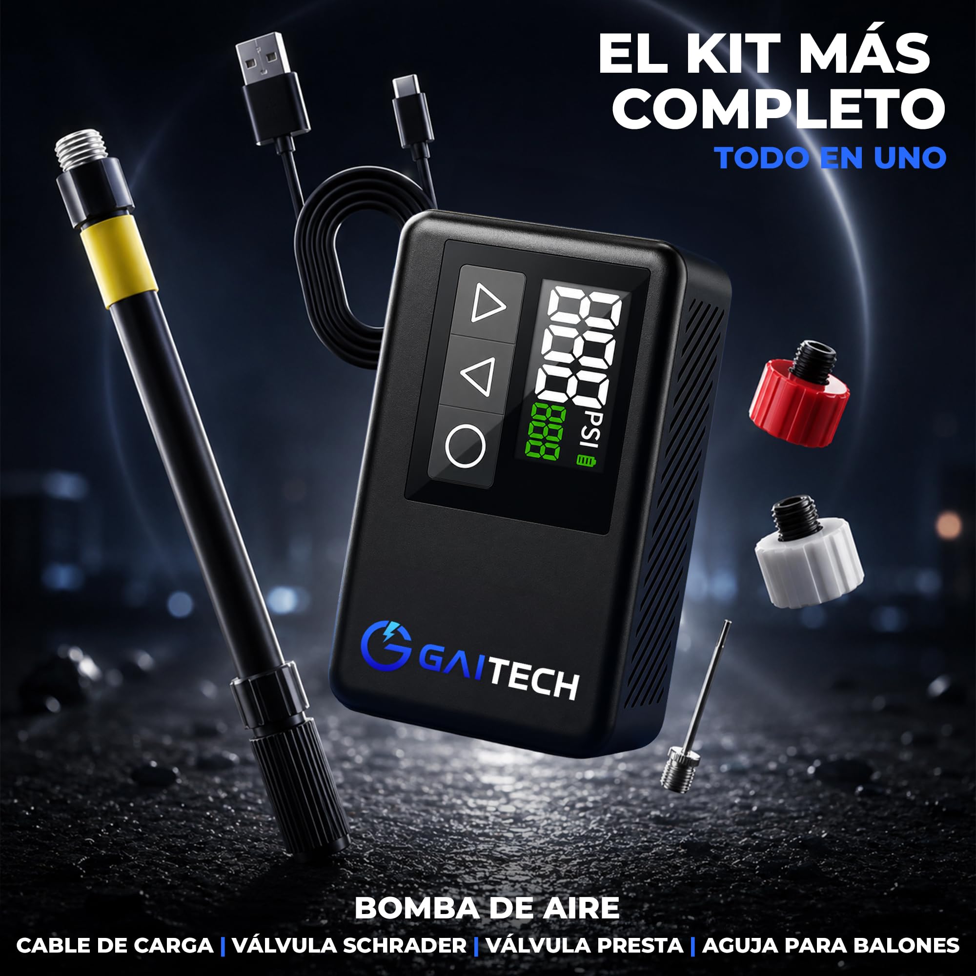 Inflador Eléctrico Bicicleta 120 PSI, Bomba de Bicicleta Portátil Recargable con Luz LED y Pantalla Digital, Hinchador Eléctrico Compacto Compatible Presta y Schrader, Inflado Rápido MTB y Carretera