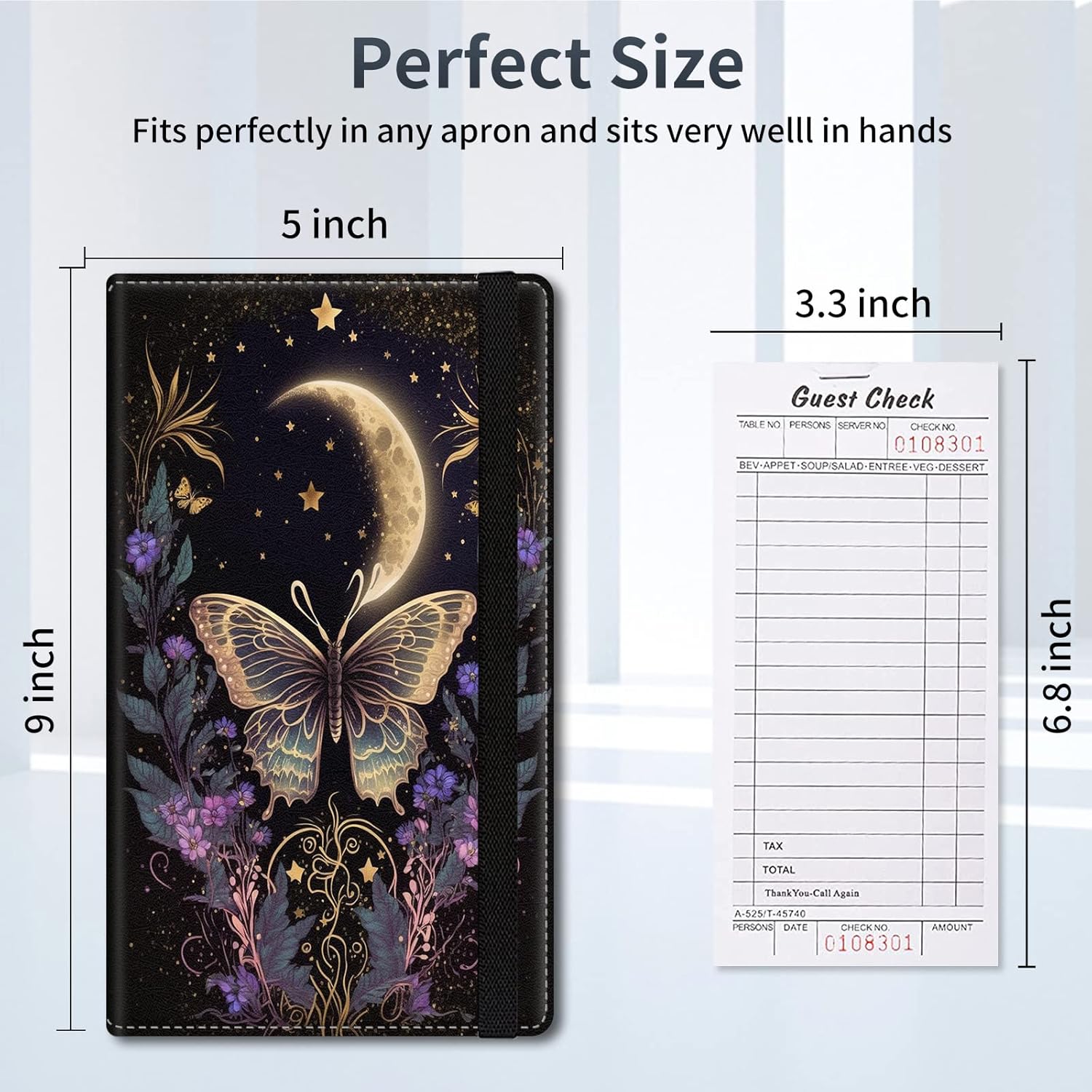DEGDFSGR Server Books for Waitress, PU Leather Waiter Book Server Wallet with Zipper Pocket, Cute Waitress Book&Waitstaff Organizer with Money Pocket Fit Server Apron, Flower Butterfly Moon
