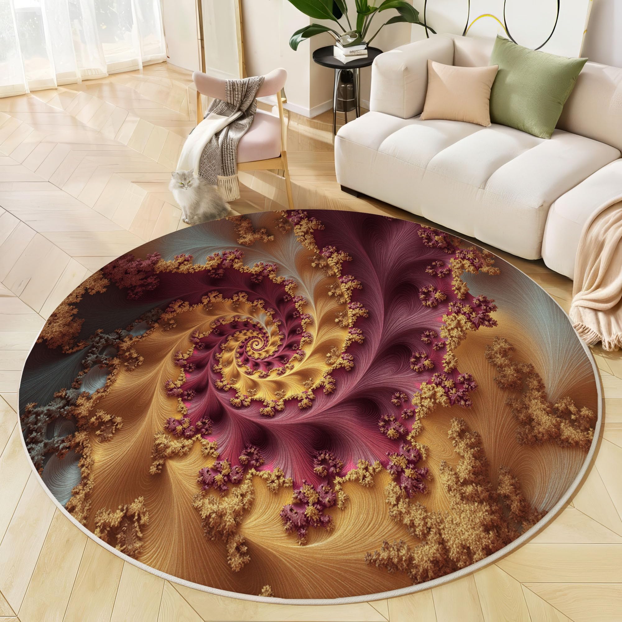 Tapis rond lavable machine 120cm moquette antidérapante poil bas motif spirales