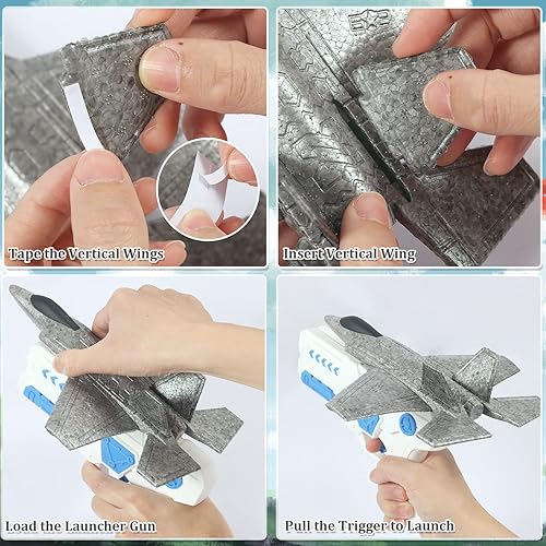 Miniatura 6 de Paquete de 2 lanzadores de avión juguete de avión de catapulta de espuma F-35 de 88 pulgadas para niños 2 formas de jugar juguete exterior para