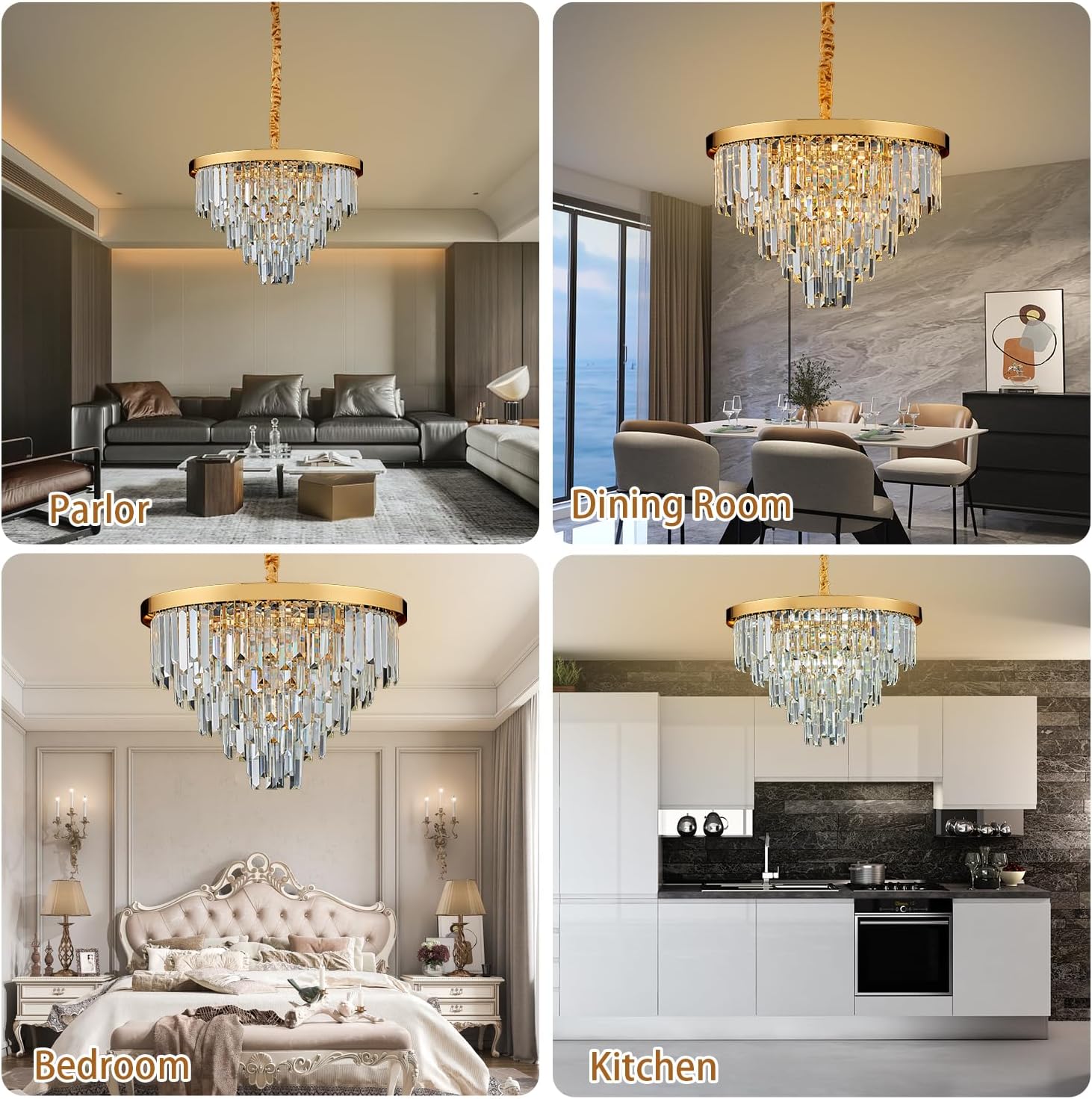 Gold Crystal Chandelier, 20" Modern Chandelier 5 Tiers 8 Light Pendant Lighting Round Chandelier for Kitchen Island Dining Room Entryway Bedroom Office