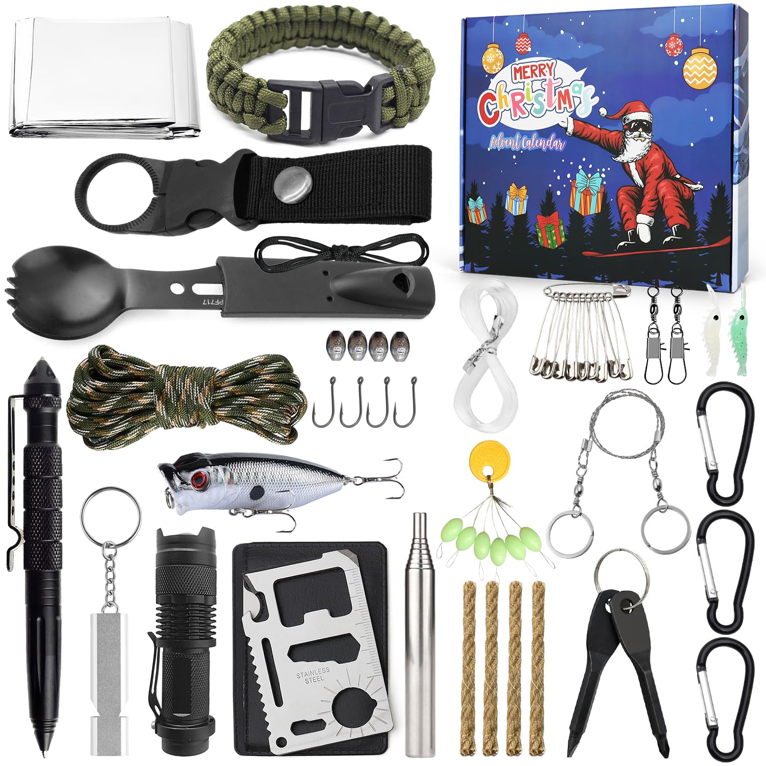 Kit de survie Calendrier de l'Avent 2026 pour adultes et hommes, 24 jours, calendrier de Noël avec gadgets cool pour camping, pêche, chasse, aventure en plein air