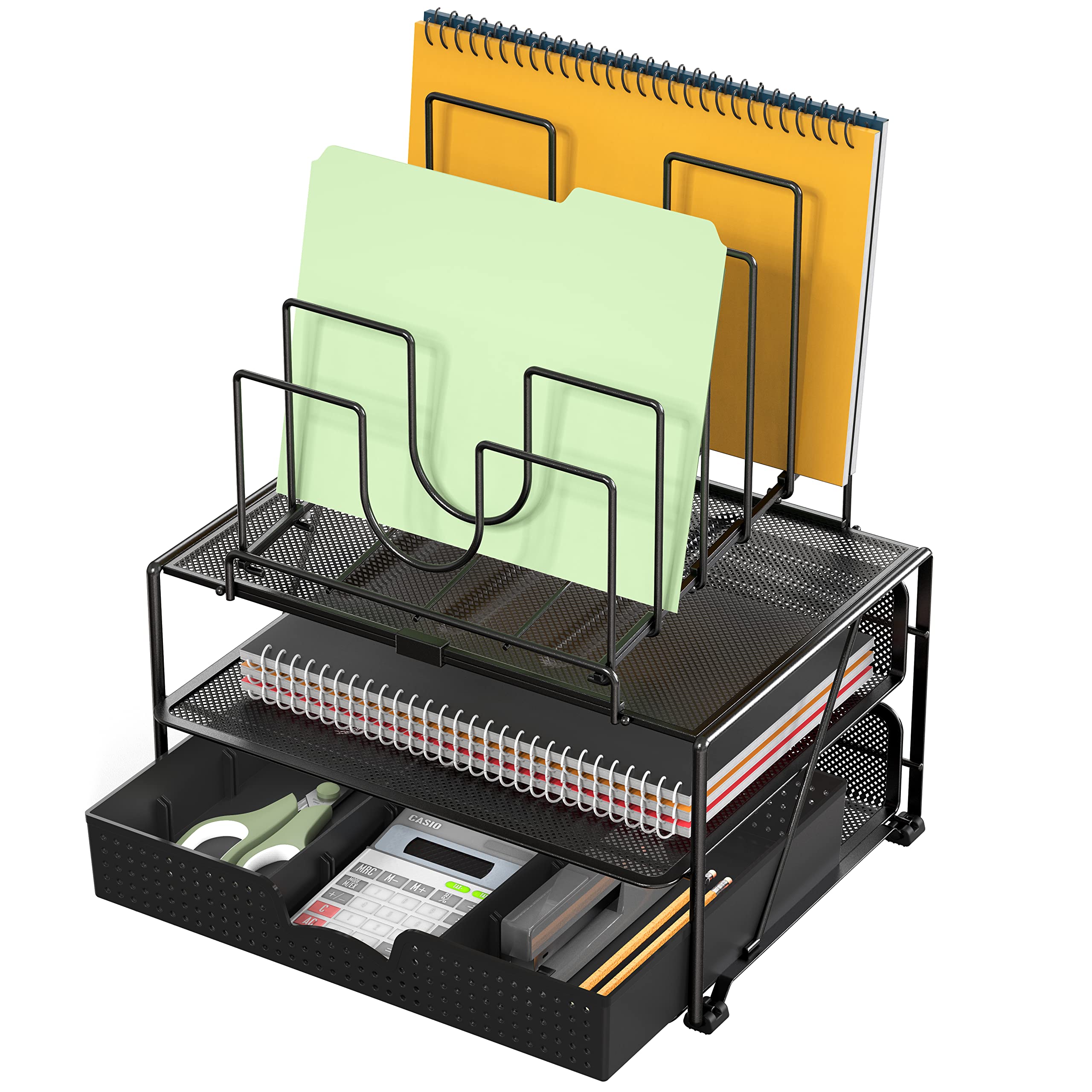 DecoBros - Organizador de escritorio con doble compartimento y 5 compartimentos apilables, color negro