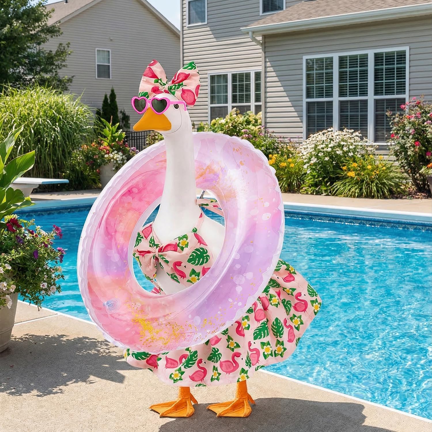 Bikini Porch Goose Outfits Fits 23" Goose Statue Summer Porch Goose Outfit with Sunglasses and Swim Ring Hawaiian Porch Goose Clothes Costume for Outdoor Garden Lawn Yard Decor(Flamingos)