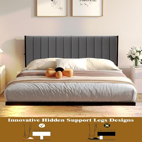 DUMEE Double Bed Frame with Upholstered Headboard, 4ft6 Floating Bed Frame with Charging Station and LED Light, Metal Slats Support, No Box Spring Needed,Gray Double Bed