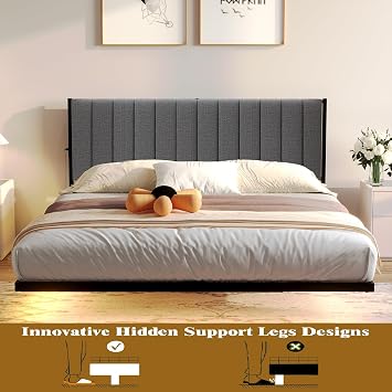 DUMEE Double Bed Frame with Upholstered Headboard, 4ft6 Floating Bed Frame with Charging Station and LED Light, Metal Slats Support, No Box Spring Needed,Gray Double Bed