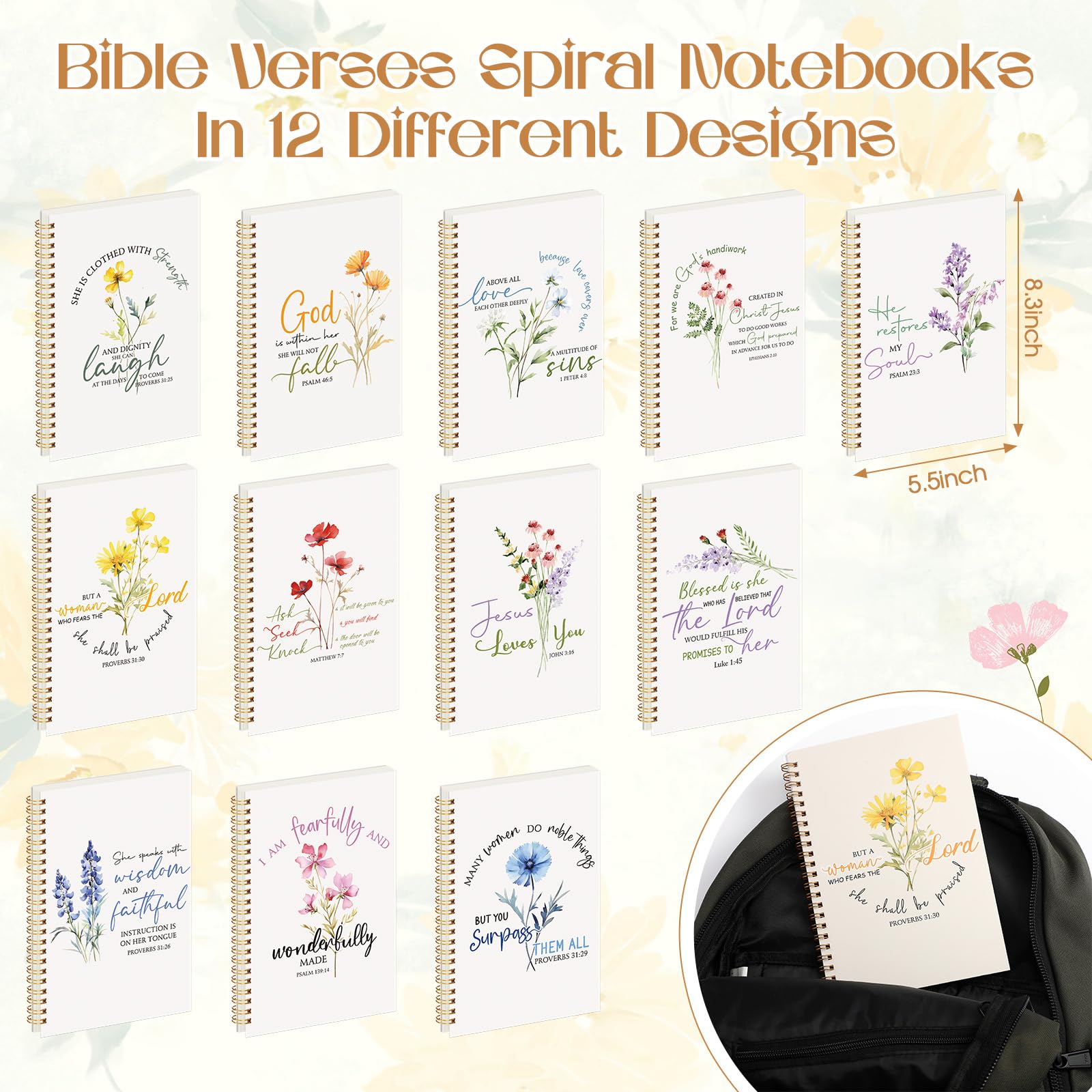 Supervitae Paquete de 12 cuadernos con versículos bíblicos en espiral, regalos cristianos para mujeres, para iglesia, regalos religiosos inspiradores, escrituras de oración, escuela dominical, bloc de
