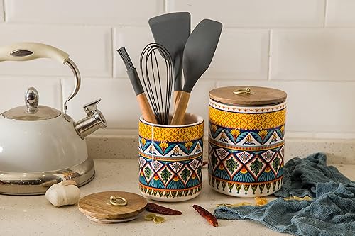 Miniatura 6 de Bico Havana - Juego de 3 recipientes de cerámica para encimera de cocina, 62 onzas, 40 onzas, 32 onzas cada uno, con tapa hermética de madera, tarro