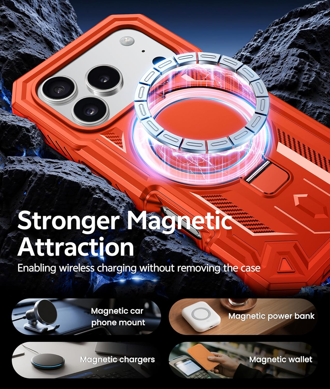 FNTCASE for iPhone 17 Pro-Max Case: Magnetic Phone Cases with [Ring Kickstand] [Built-in Screen Protector] [Heavy Duty Military Grade Protection] Drop Proof Rugged Hard TPU Phone Cover Orange - Image 3