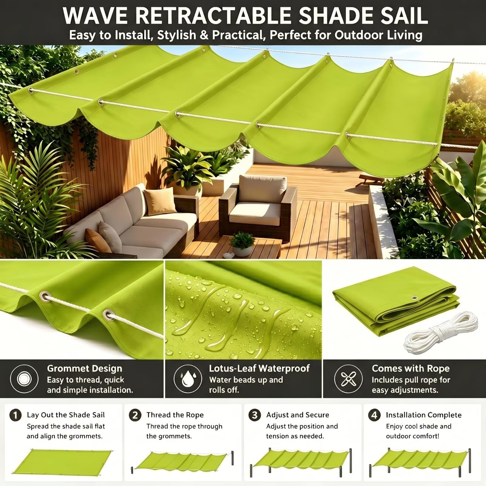 Vela Sombra Rectangular Ondulada 100x550cm Retráctil Impermeable Toldo Exterior Malla de Sombreo Jardín Verde