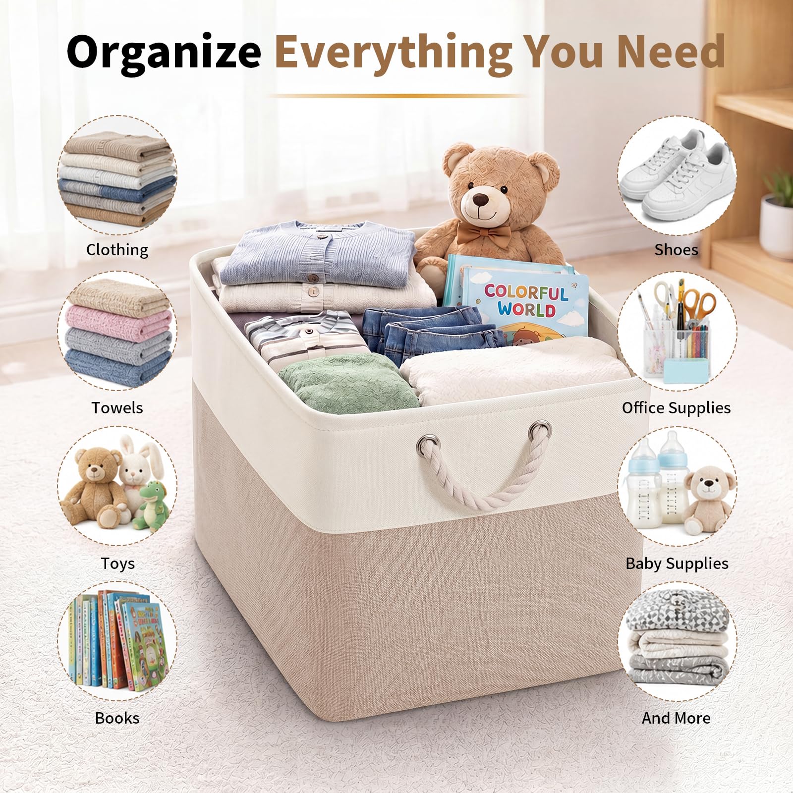 33×38cm Aufbewahrungsbox,Aufbewahrungskorb aus Stoff mit Tragegriffen,6 Stück faltbare Aufbewahrungskörbe,Geeignet für Bad,Schlafzimmer,Büro,Arbeitszimmer und Kinderzimmer(Weiß & Beige)