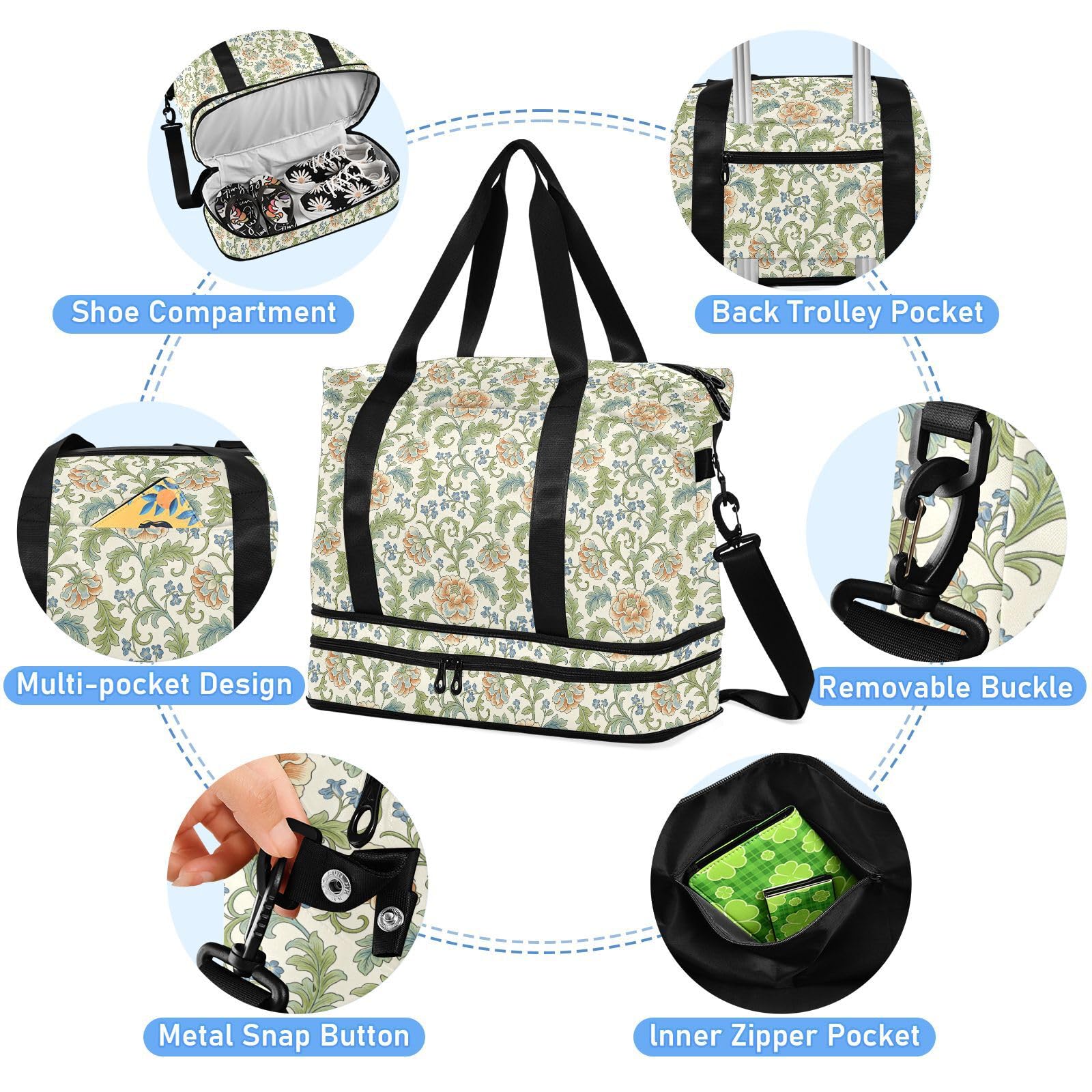 Zestaw 2 dużych toreb podróżnych retro pomarańczowa róża wzór William Morris Weekender podróżna torba na noc z toaletką do trekkingu