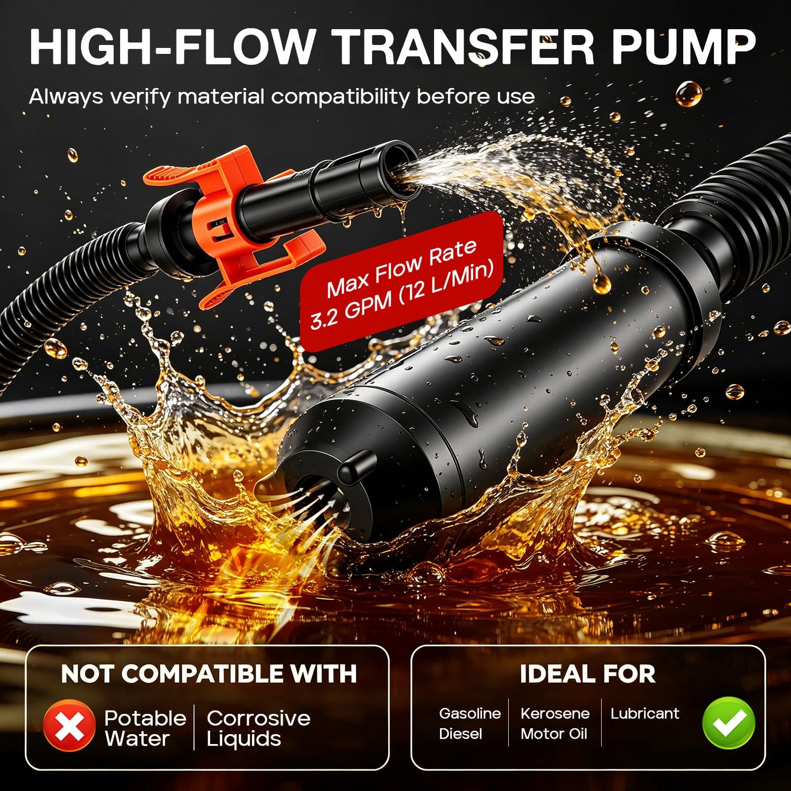 Bomba Combustible Eléctrica con Parada Auto 12L/min, Bomba Eléctrica de Transferencia de Combustible para Gasolina, Diésel y Aceite, Bomba Gasolina Bomba Gasoil para Coche Generador, con 3 Adaptadores