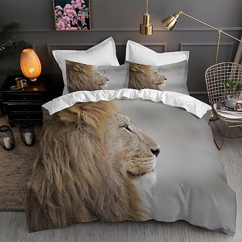 Juego de funda de edredón con estampado gris claro de león, funda de edredón de microfibra suave y 2 fundas de almohada de 20 x 26 pulgadas, juego