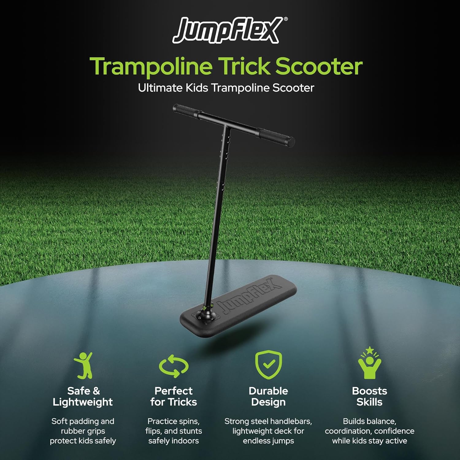 JumpFlex Trampoline Trick Scooter with Non-Slip HandleBar Grips, Black - Safe & Lightweight Foam Base Accessory for Outdoor Trampolines