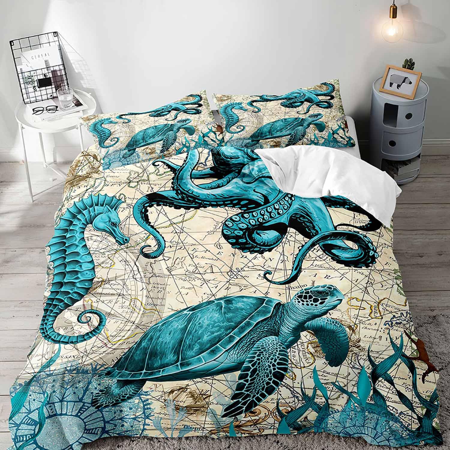LUVIVIHOME 3PCS Teal Sea Turtle Seahorse Octopus Duvet Cover Queen Bedding Set, Teen Boys Girls Kids Bedding, Blue Turquoise Seaweed Ocean Animal Beach Coastal Nautical Comforter Cover, 2 Pillow Cases