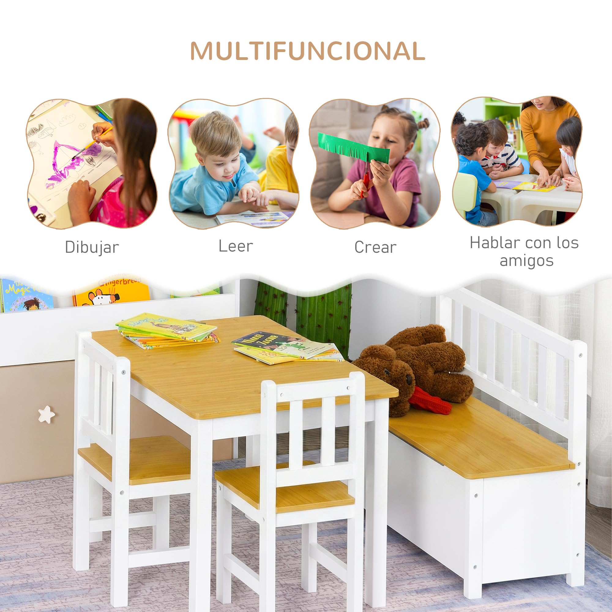 HOMCOM Mesa Infantil con 2 Sillas y Banco con Almacenaje Blanco y Natural | Mesa y Sillas Infantiles de 4 Piezas, Juego de Muebles para Actividades, para Niños de +3 Años, Dormitorio Sala de Juegos
