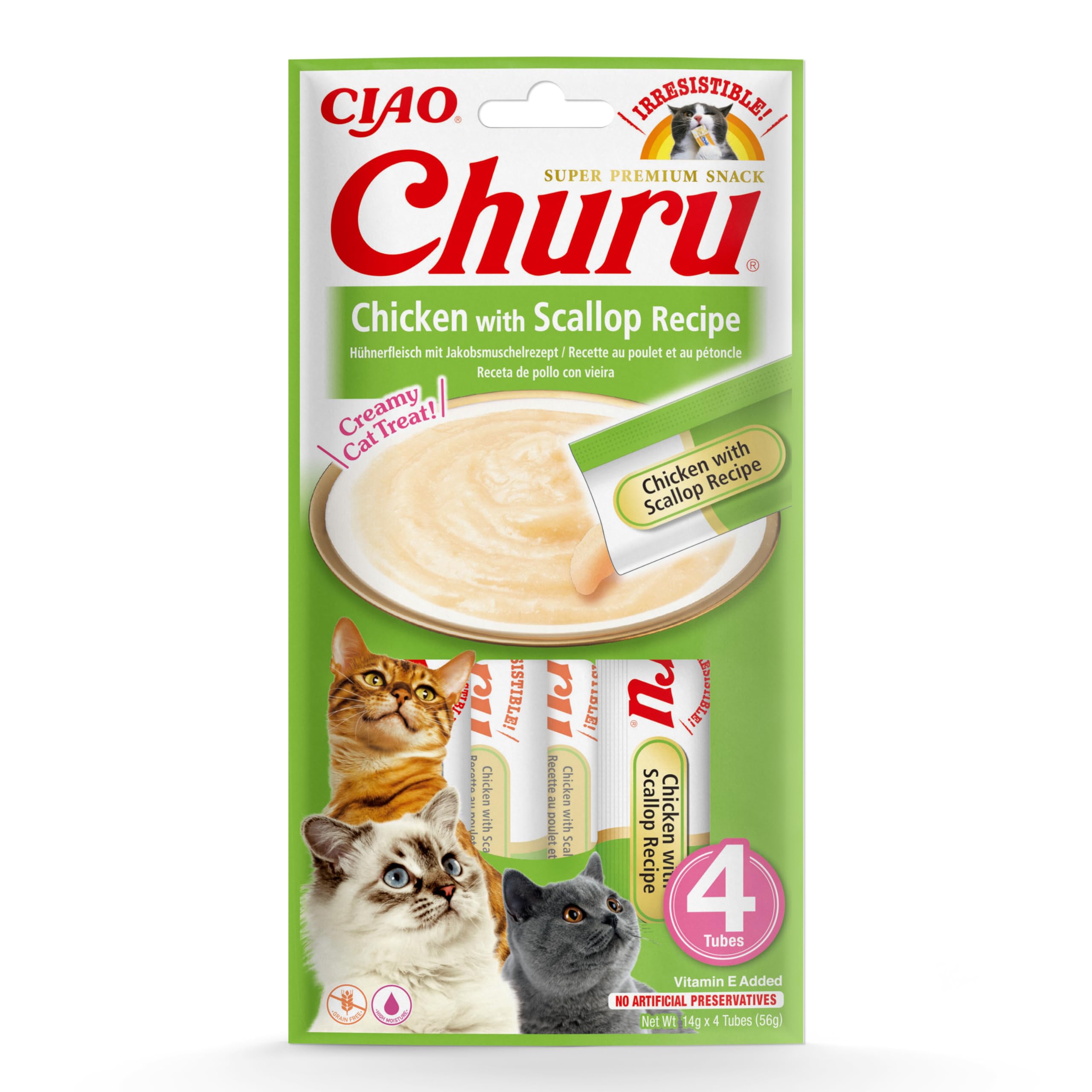 INABA Churu, Friandises pour Chats, Tube Crémeux, Poulet & Pétoncle, 48x14g | Délicieux Snacks à Lécher pour Félins, Texture Lisse et Onctueuse, Ingrédients Premium, Faible en Calories, Stick Liquide