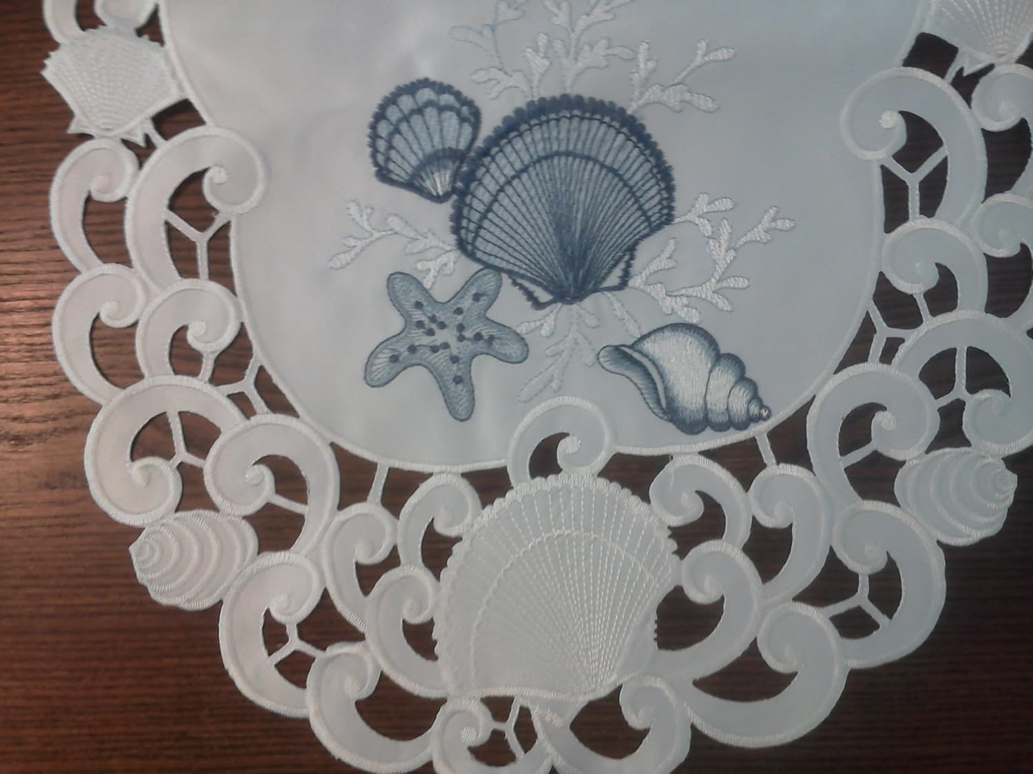 Table Runner Embroidered with Blue Seashells on Bleached White Material, Size 34 x 15 inches