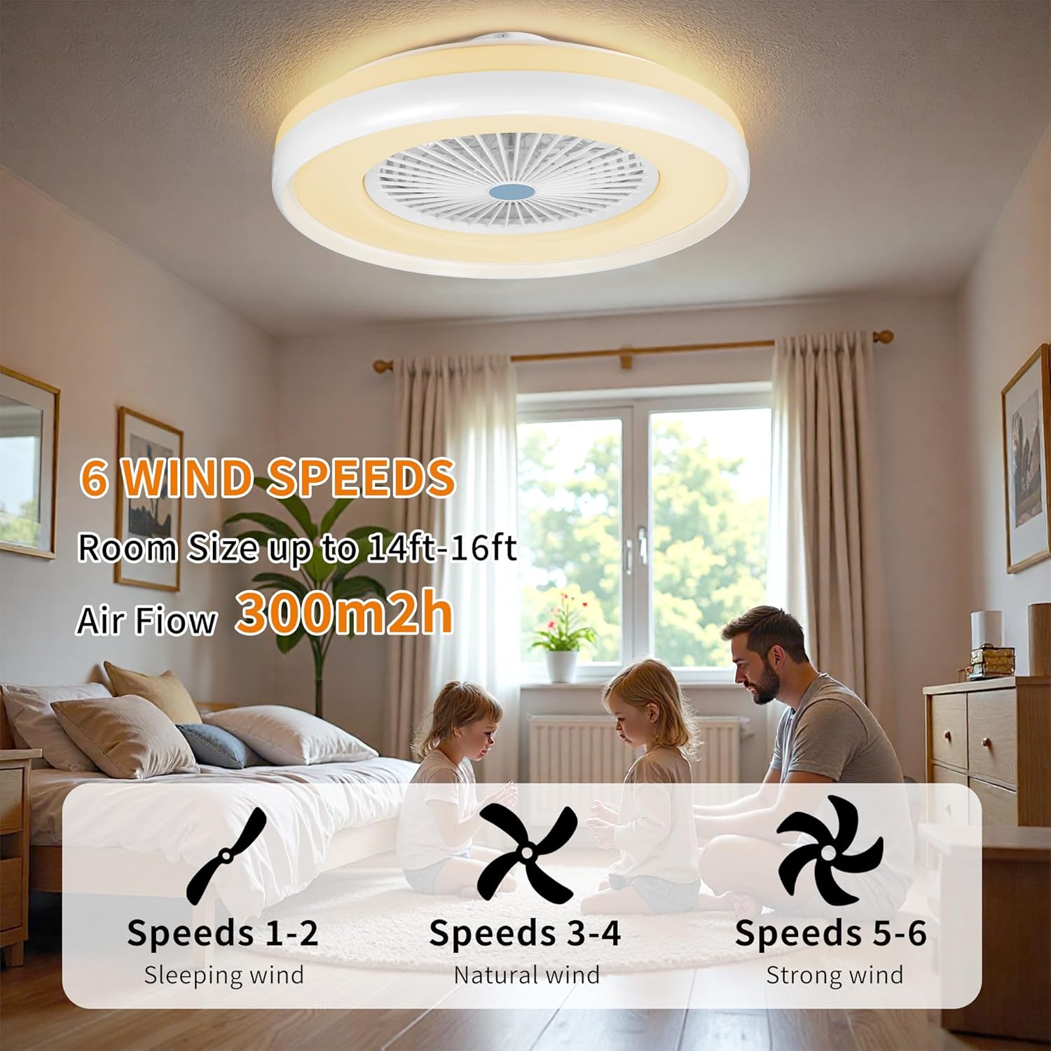 RGB Ceiling Fan with Light, 24'' Low Profile Ceiling Fans, Flush Mount LED Fan Light with Remote Control, Modern Bladeless Fandelier for Bedroom, Living Room, Kitchen (White, 24")