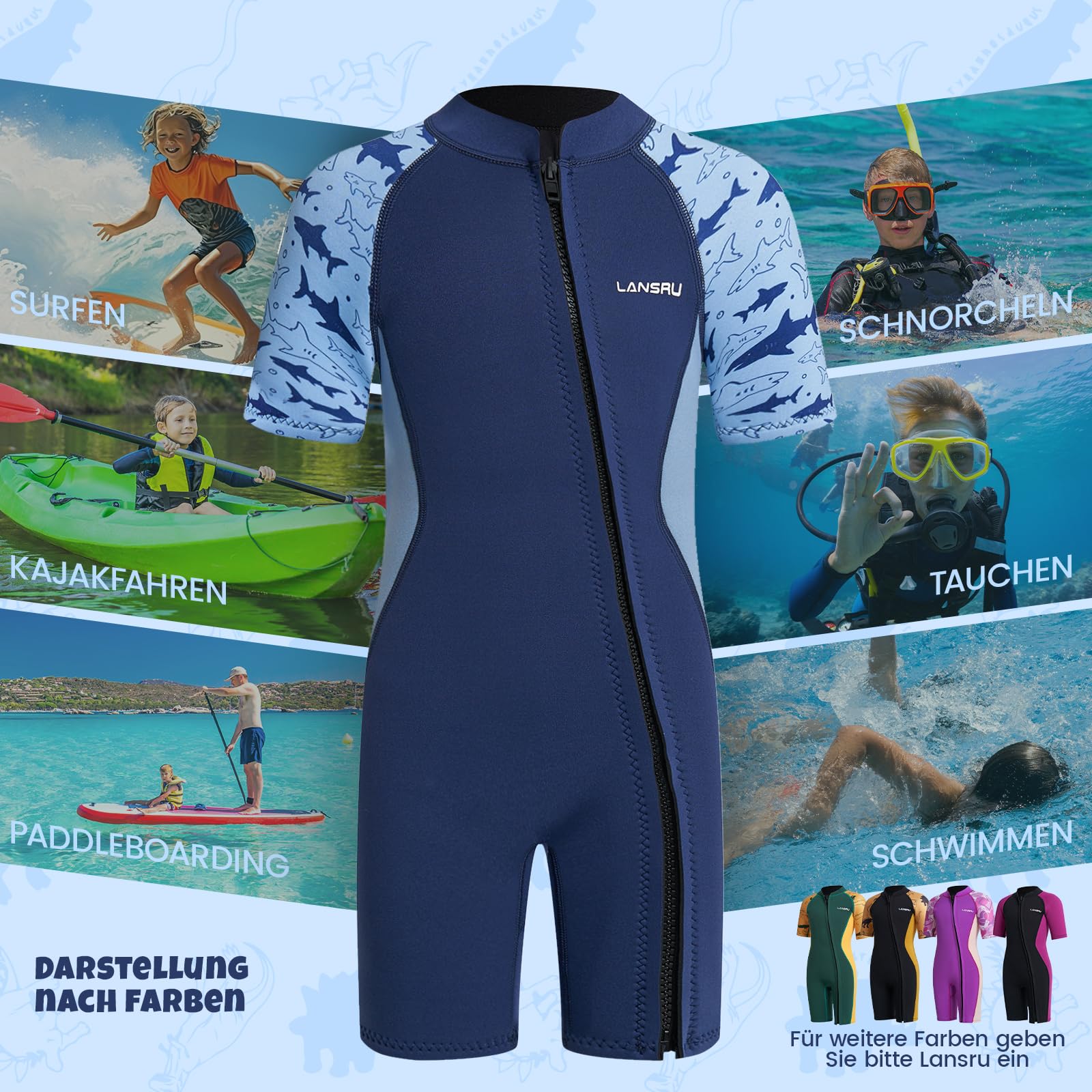 Combinaison courte en néoprène SCR pour enfants de 2 mm - Pour garçons et filles - Matériau plus sûr - Protection UV - Fermeture éclair à l'avant pour les cours de natation - Garde au chaud