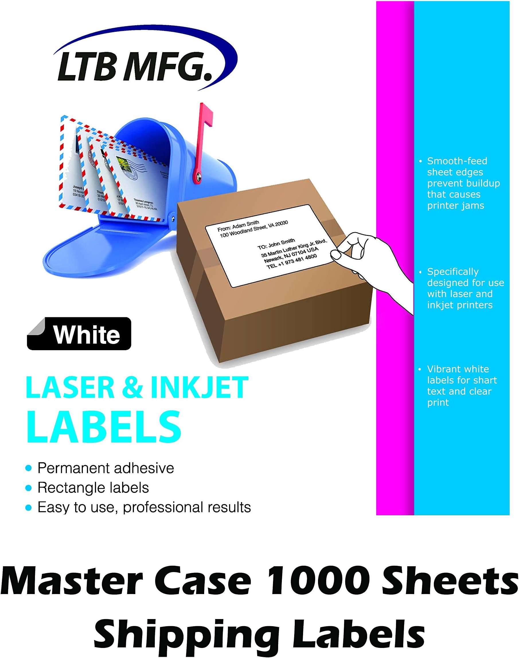LTB MFG Laser Inkjet Printer Shipping Labels, (Master Case 1000 Sheets-20 Per Sheet 4" x 1")