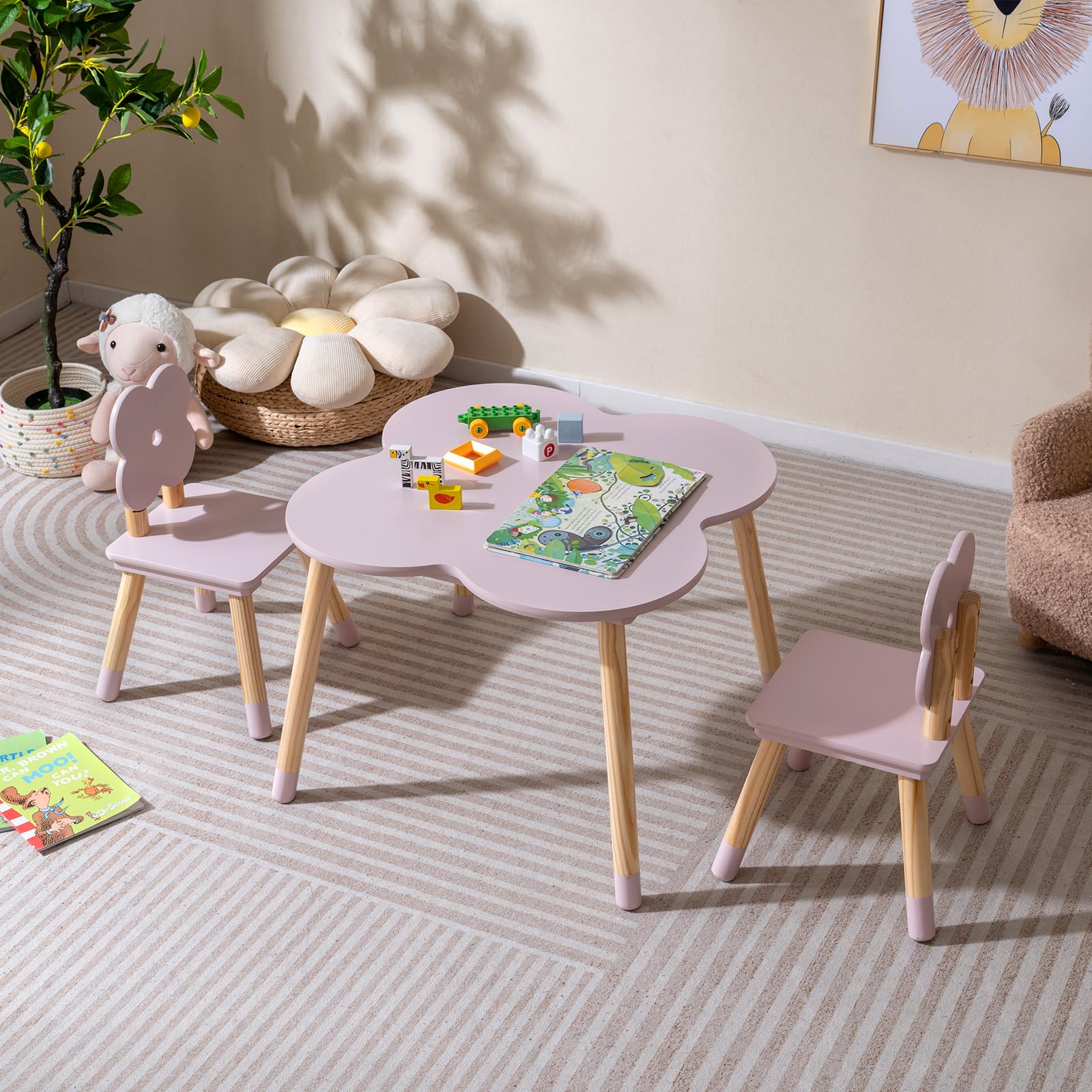 COSTWAY Set Tavolo per Bambini a Forma di Fiore, Tavolino e Sedia in Legno con 2 Sedie e Gambe in Legno di Pino Solido, Tavolino Bambini 3+ Anni per Disegno, Arte e Studio (Rosa)