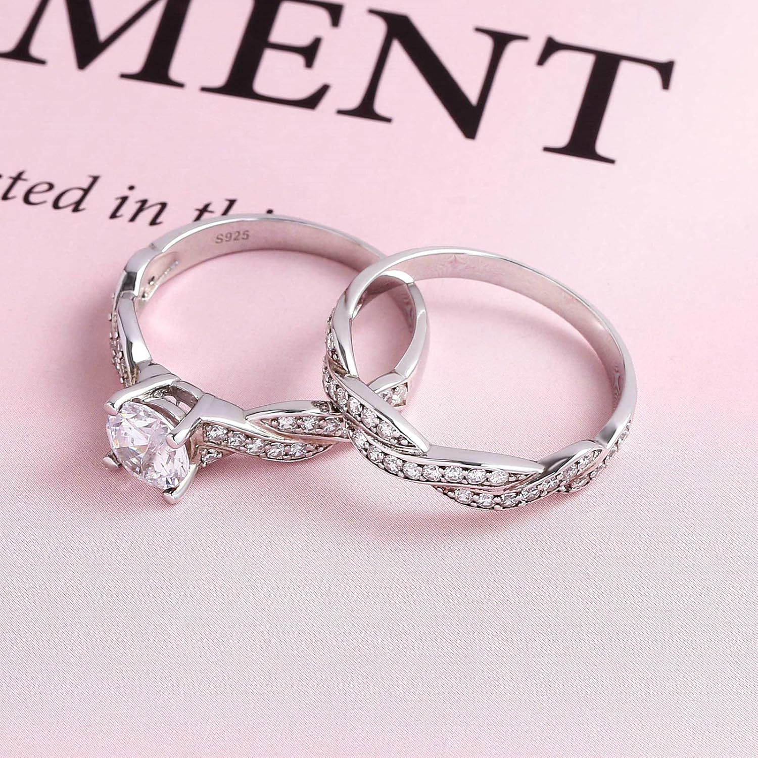 Gualiy Sterling Silver Band for Women, Wedding Rings for Women Solitaire 2Pcs Set with Cubic Zirconia Rings Size 4-11