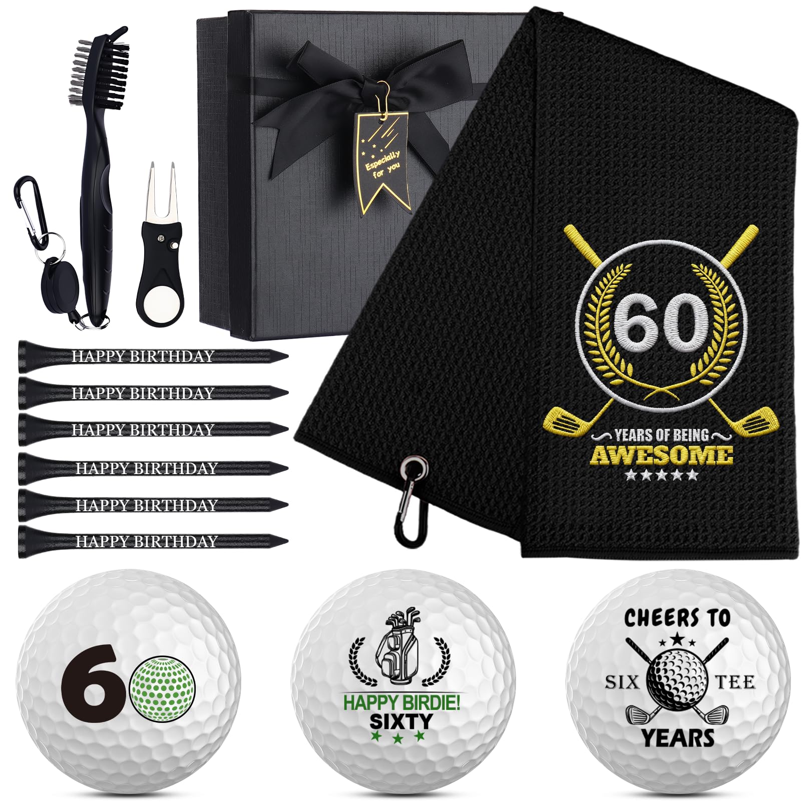 CGFN 60th Birthday Gifts for Men,Microfiber Embroidered Golf Towels,Golf Cleaning Kit,Include Towel Ball Tees Divot Tool Cleaner Brush for Men,Golf Lovers,Husband,Dad,Grandpa (60th)