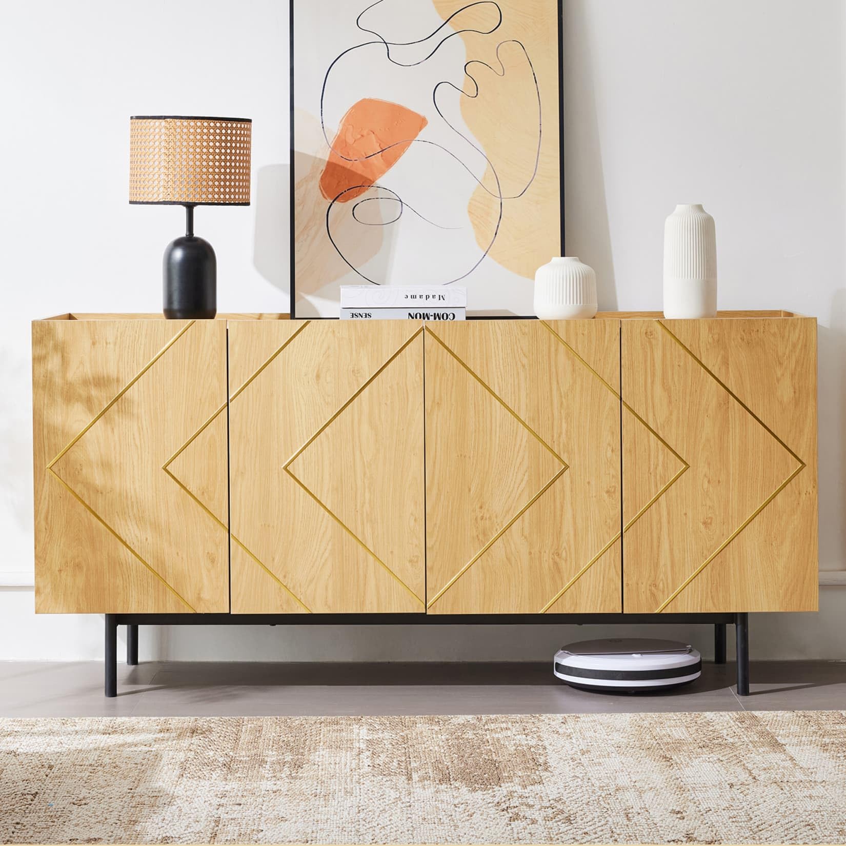 PUGSDRLY Meuble de Rangement avec Étagères Réglables et 6 Grands Compartiments de Rangement,Meuble Cuisine Buffet Salon Commode avec Rayures Dorées,pour Cuisine,Salon,Chambre,Naturel (L160xl40xH78 cm)