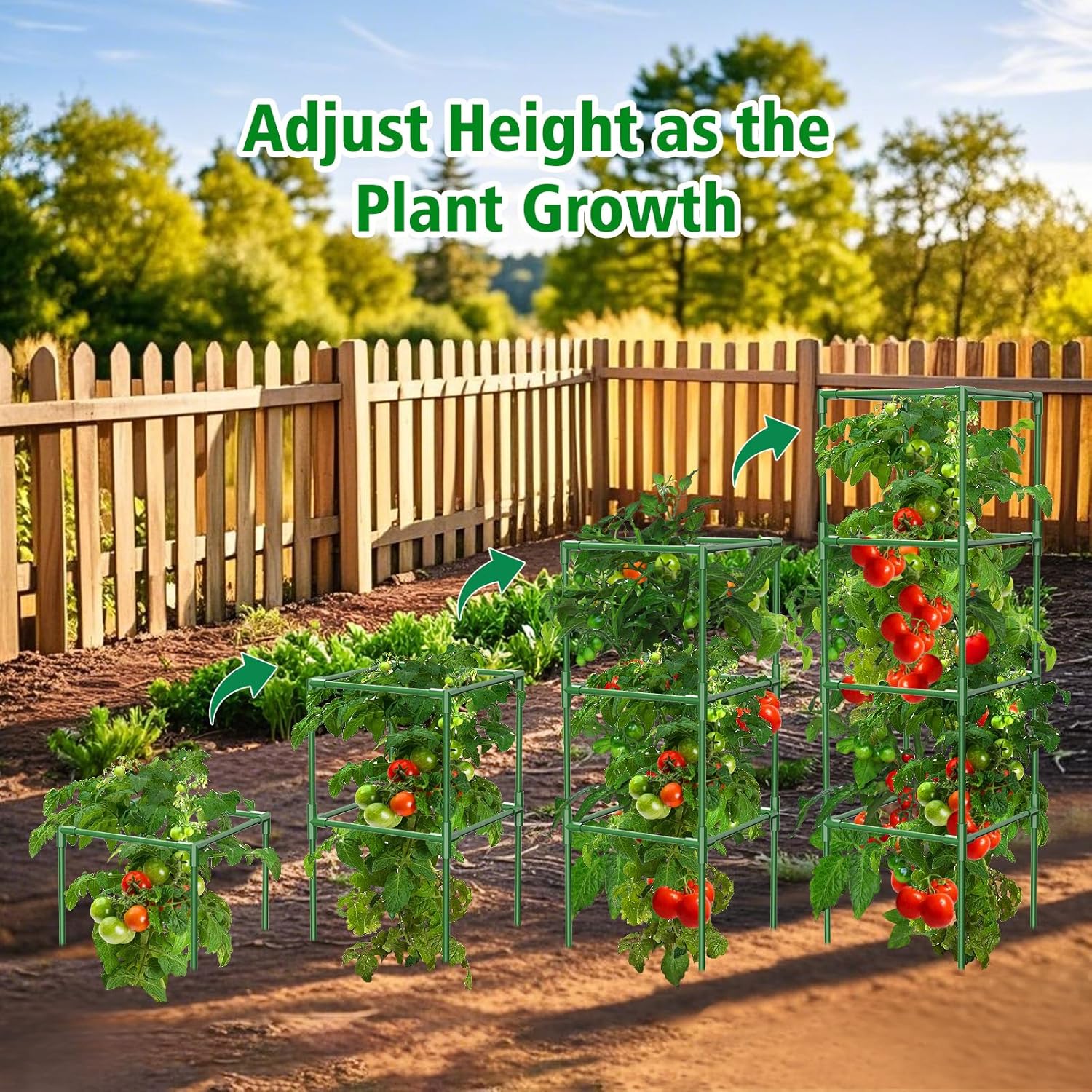 3 Pack Square Tomato Cages, 42 inch Heavy Duty Metal Steel Tomato Plant Cage Support with Clips, Height Adjustable Tomatoes Trellis for Raised Garden Bed Climbing Plants